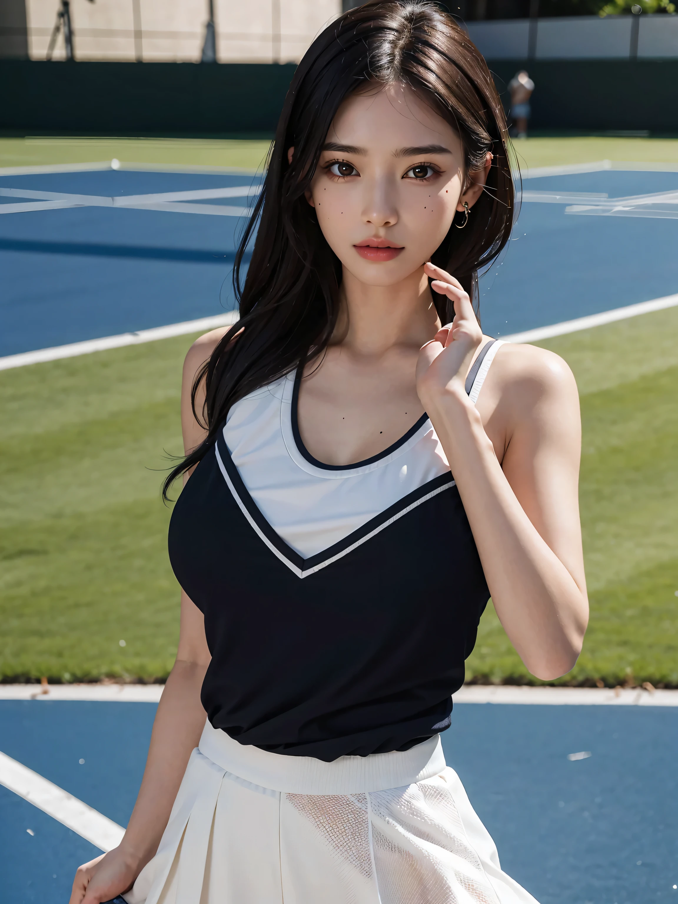 absurdres, RAW photo, extremely delicate and beautiful, masterpiece, Best Quality, ultra high resolution, 32k, hyperrealistic, ultra-detailed, perfect figure, Perfect Style, Perfect balance, in her 20s, very small head, very small face, delicate facial features, tearful mole, earring, ((very huge breasts)), ((full body shot)), bare legs, shorter long hair, black hair, ((basketball uniform)),