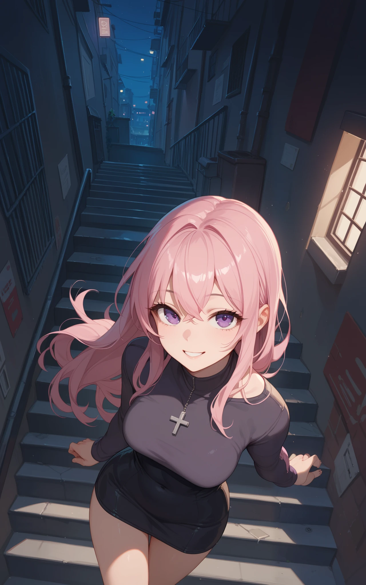 female, pink hair, cross bangs, long hair, purple eyes, back alley, Smile, go down stairs, Rusted metal stairs, night, looking up, from above, anime, from front angle, 