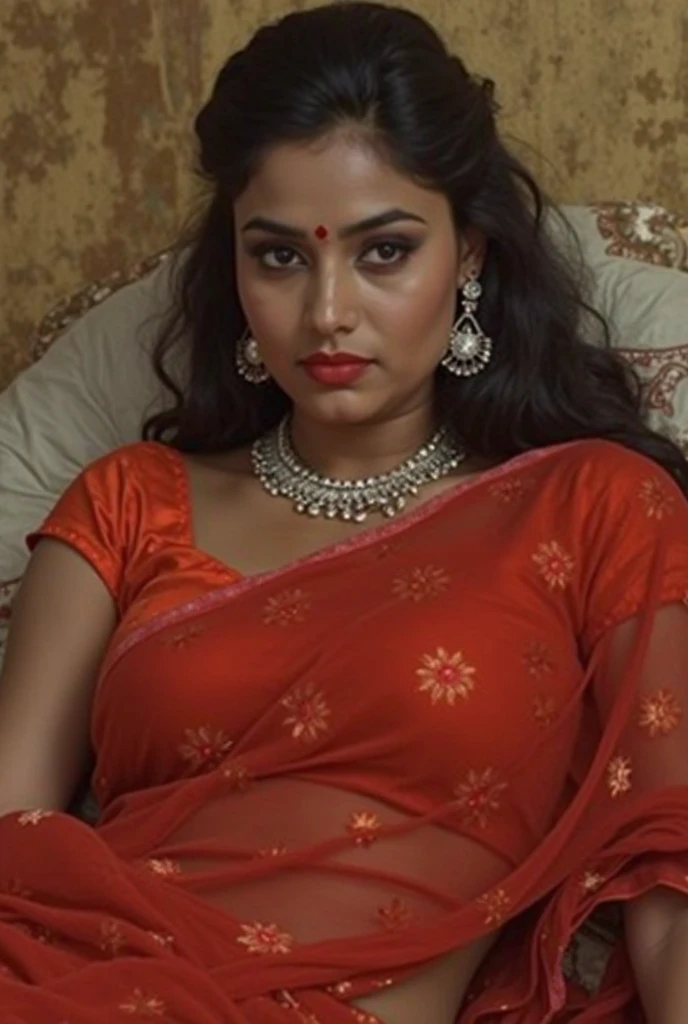 A full-body portrait of wolf cut hairstyle erotic hindu wife, sitting on chair, front facing, 4K, wide angle camera view, super realistic, huge breast, super big fake lips red lipstick super delicious body saree bra sexy body, full body