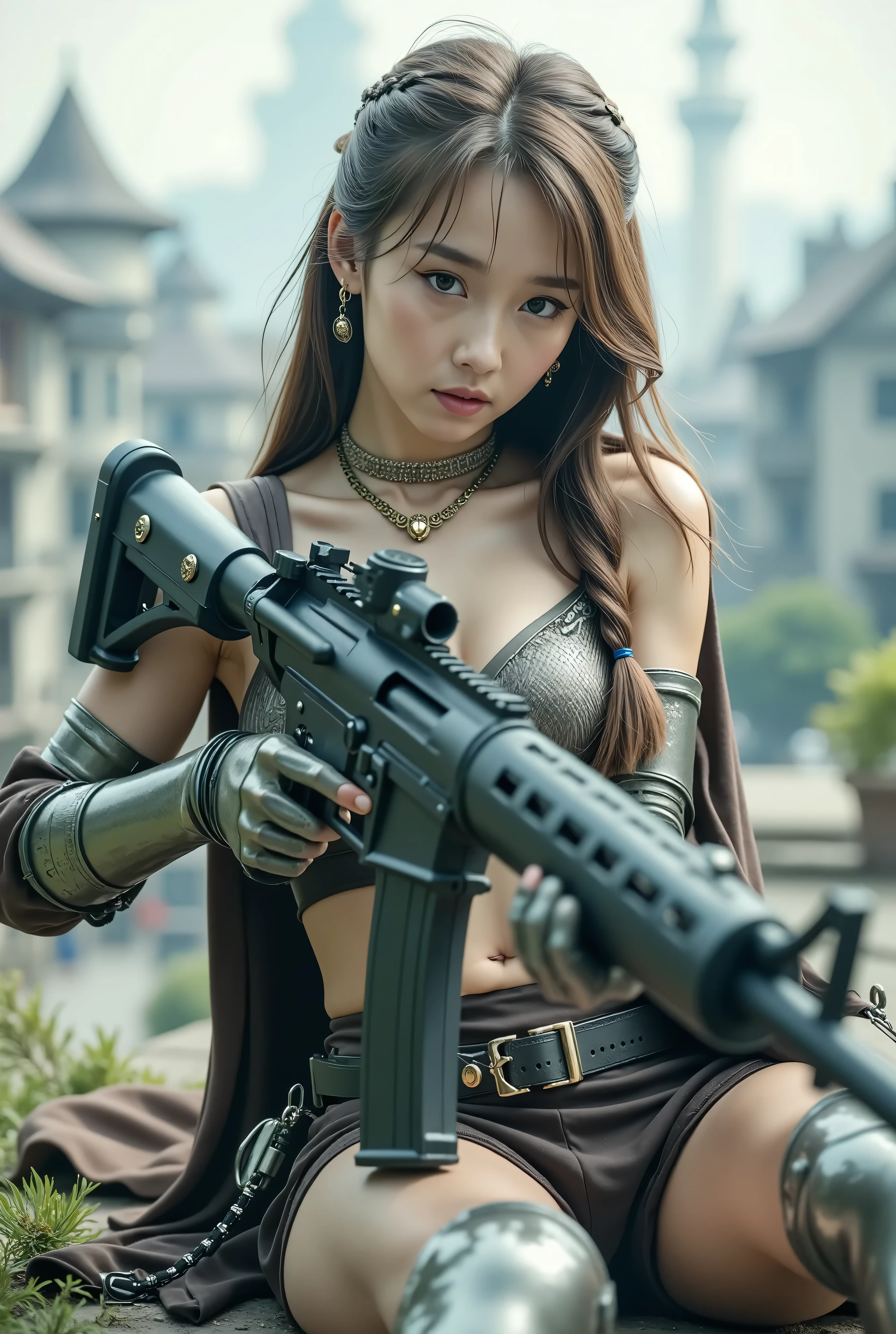 (8k, Top Quality Conversation , masterpiece), ( exists , photo exists : 1.37), very well detailed , { Sylvan Witch with an M60 machine gun }, Wide angle , chest shaking a lot , Very delicate depiction , Intricately detailed armor , short braided hair , correct skeleton 、 chain armor , A gun with an intricate pattern 、 dreamy ,超 exists な混合ファンタジー世界, exists 要素と幻想的要素の組み合わせ ( on the roof of the building :1)、 Preparing to Fight with a Gun , Lie Down and Shoot