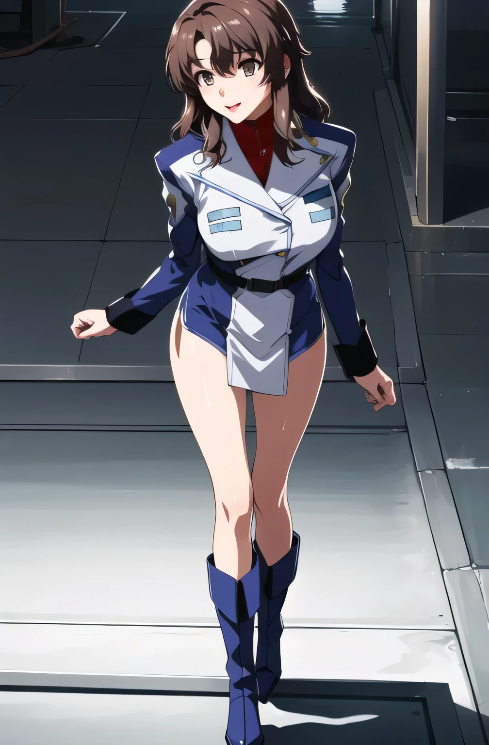 15-year-old girl、Earth Federation Operator Girl Soldier、Black short hair、Idol-level cuteness、Childish face and appearance、Accurately drawn faces、thin、Skirt Earth Federation Uniform、White and blue uniform、(A uniform that fits the body:1.3)、Very thin thighs、Inside the bridge of a battleship、Low angle shot、Anatomically correct、Accurate Fingers、Accurate Rimbuster Piece、Photorealization