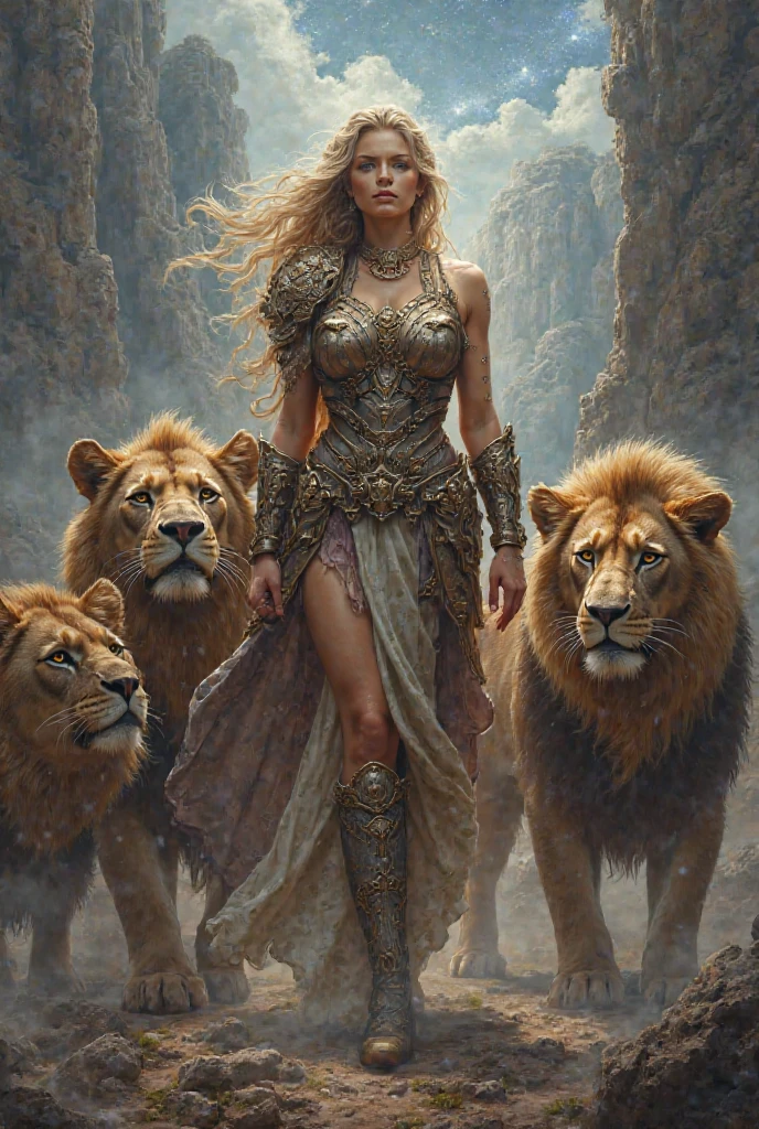 araffes with a lion and a sword in a field, zenescope, cory chase as an atlantean, artgerm comic, as seen on artgerm, artgerm julie bell beeple, artgerm and warren louw, artgerm style, aly fell and artgerm, extremely detailed artgerm, artgerm detailed