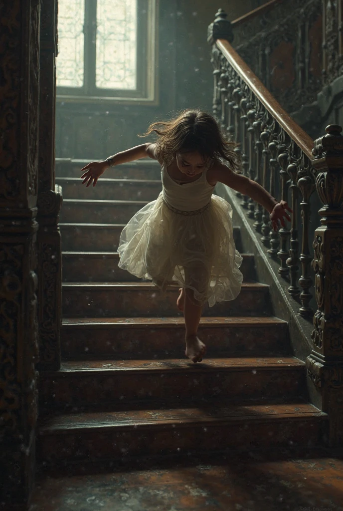 a little girl with hair falling down a staircase in a 19th century house