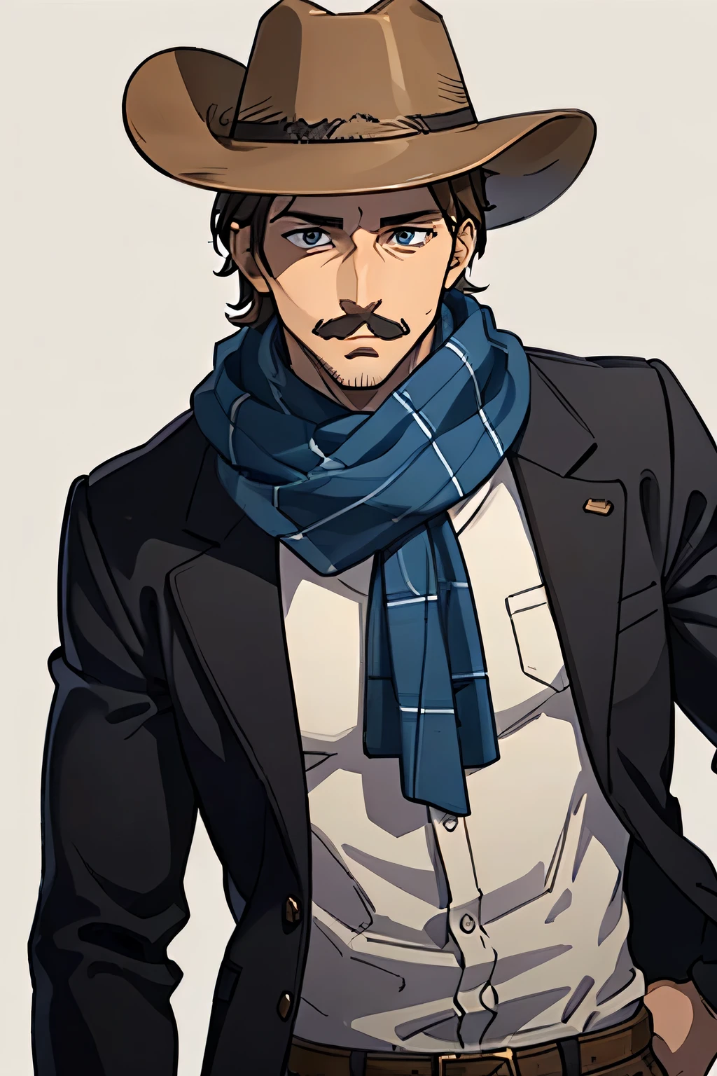  30 year old man , Amerika, koboi, kriminal, wearing a cowboy hat , wears scarf around neck, wears a bandana around the neck, wears black and white flannel shirt, wears black levis, blue eye color , brown hair, brown moustache,  front facing ,  half body , hd