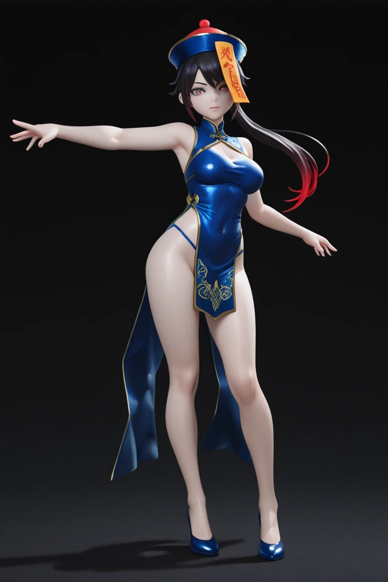 8K, Surreal, masterpiece, best quality, Very detailed, high resolution, Random Background, 1 girl, (:1.5), Yao Liuer, Blue translucent dress，whole body，High heel，whole body，Blue Hair，