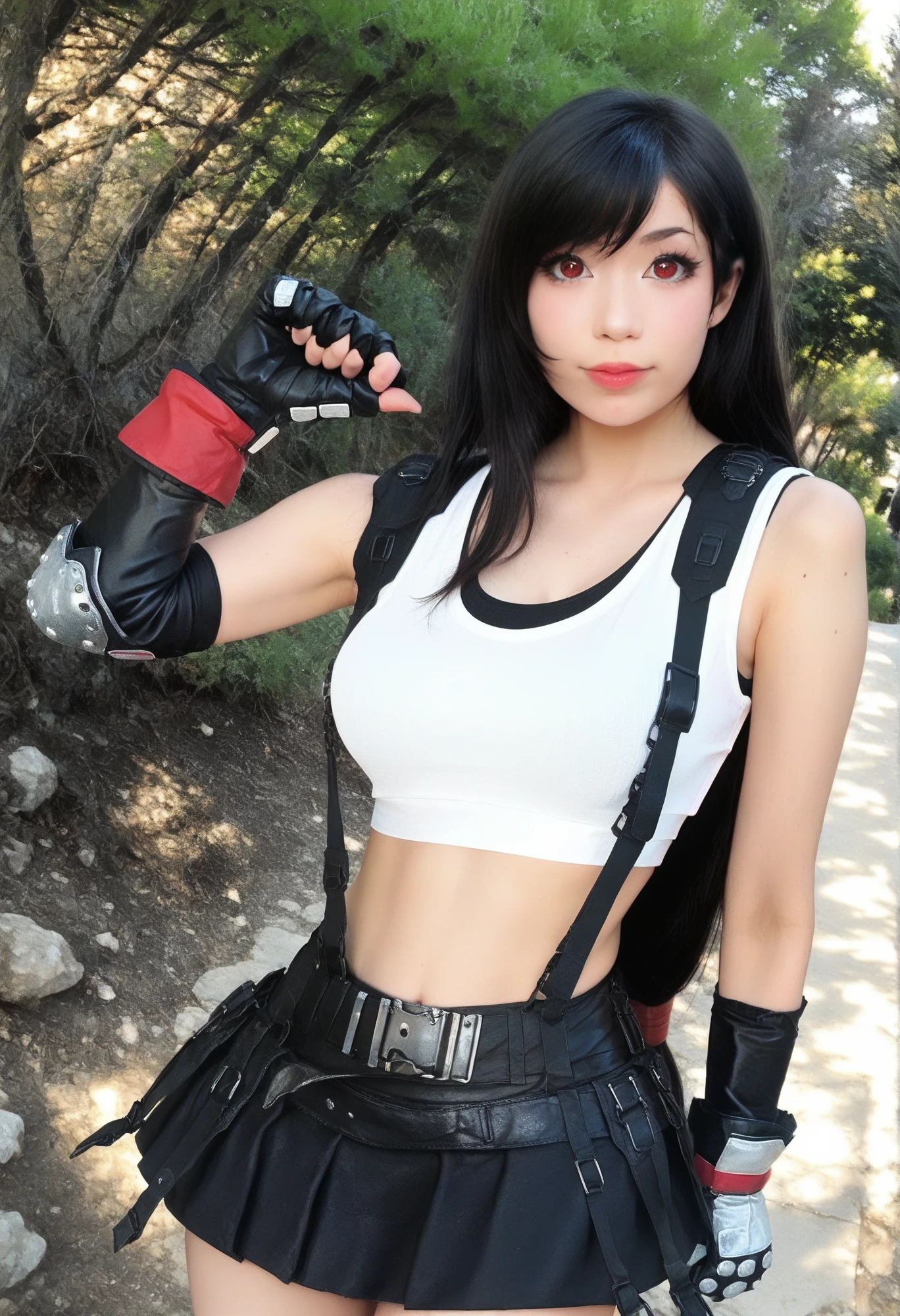 Tifa,1gil,solo,gloves,elbow gloves,fingerless gloves,breasts,suspenders,thighhighs,crop top,tank top,skirt,black thighhighs,suspender skirt,black skirt,earrings,jewelry,midriff,looking at viewer,elbow pads,white tank top,black gloves,realistic,boots,shirt,underwear,panties,low-tied long hair,sports bra,miniskirt,arm guards,belt,underboob,white panties,red footwear,black panties,pleated skirt,collarbone,bottomless,fighting stance,sleeveless,shorts,pencil skirt,
sexy pose,best quality,masterpiece,illustration,an extremely delicate and beautiful,CG,unity,8k wallpaper,Amazing,finely detail,masterpiece,official art,extremely detailed CG unity 8k wallpaper,incredibly absurdres,huge filesize,ultra-detailed,highres,extremely detailed,beautiful detailed girl,realistic,full frontal,outdoors,light contrast,