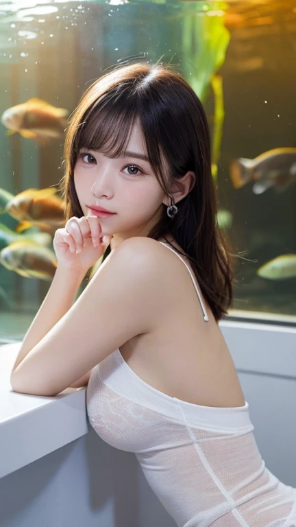 (best quality), (ultra-detailed), (llustration), (detailed light), (an extremely delicate and beautiful), ung girl, long hair, brown eyes, (smile slightly, Innocent and cute expression), model, Enchanting, Sublime, Ethereal, fantastic, extremely detailed CG unified 8k wallpaper, High-definition raw color photos, professional photography, (Bokeh), indoors, (aquarium), whale shark, shark, small fish, napoleon fish, Backlighting, depth of fields,