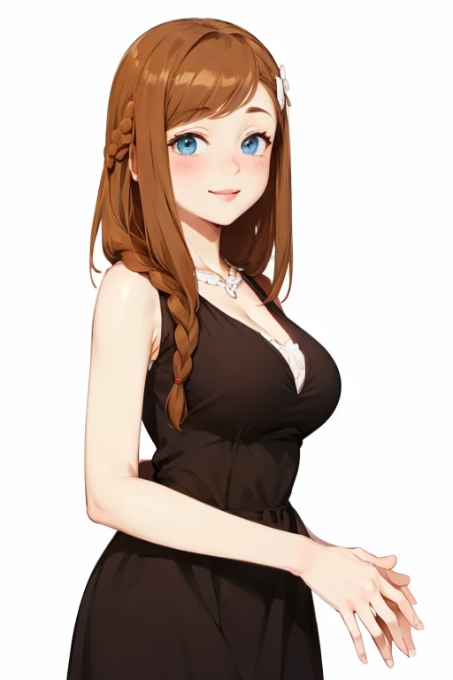 29 year old woman, long brown slightly curly hair, blue eye, visage parfait mais pas trop, professional makeup like model, and wearing a black top with big tits 