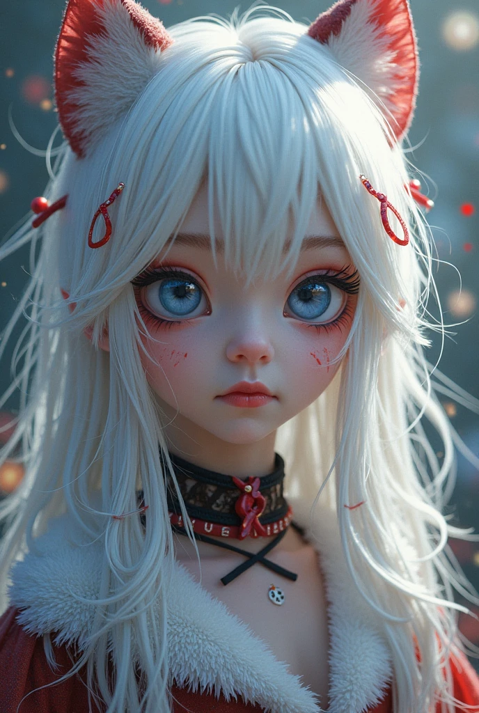 Hallucination, daydream , bokeh , A dense foggy Alley leading to purgatory , White face, big eyes and a red ribbon , Smooth and soft fur , (hell kitty) , Let's go to Kitty's party
