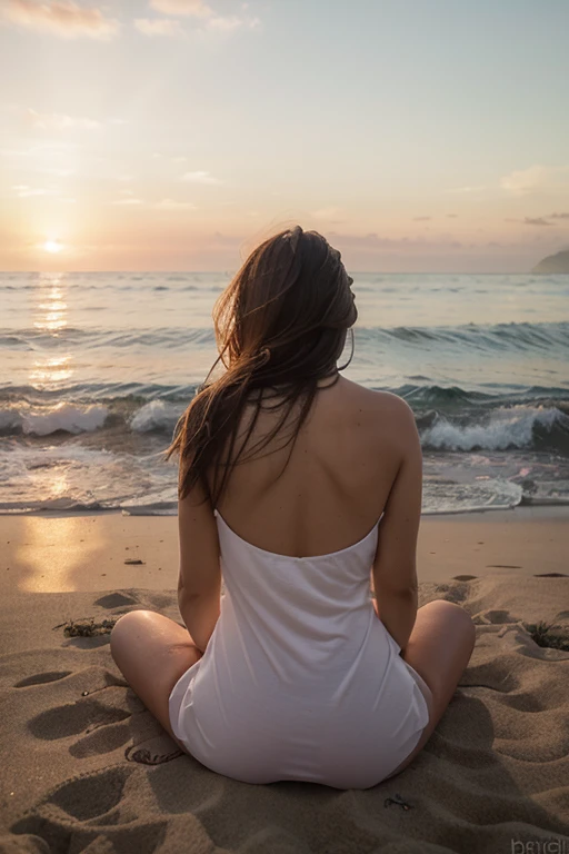 best quality, masterpiece, A woman sits with her back turned.,  Evening Twilight, beach, The night has stars, The sun is on the horizon., Thailand