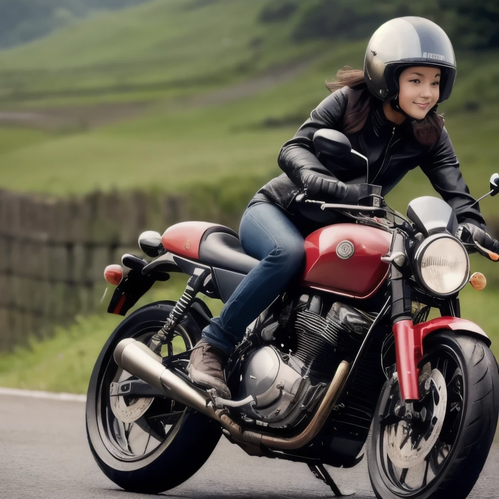 (A young female rider speeds along on a motorcycle)、Vintage Bikes、Bluff Superior SS100、Isle of Man Races、Leather jumper、Cromwell helmet with goggles、After the Rain、English countryside、(Highest quality, masterpiece, High resolution)、8k、wallpaper,masterpiece, best quality extremely beautiful and fain colors ,cute face ,