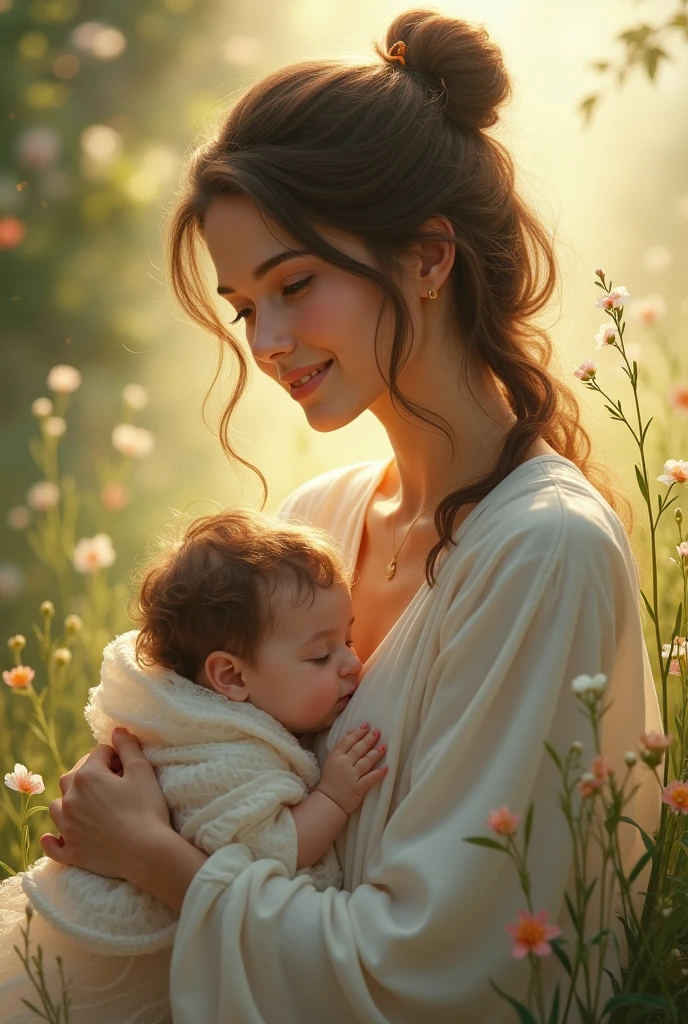 A white  women enjoy coffe in green ground with his baby

