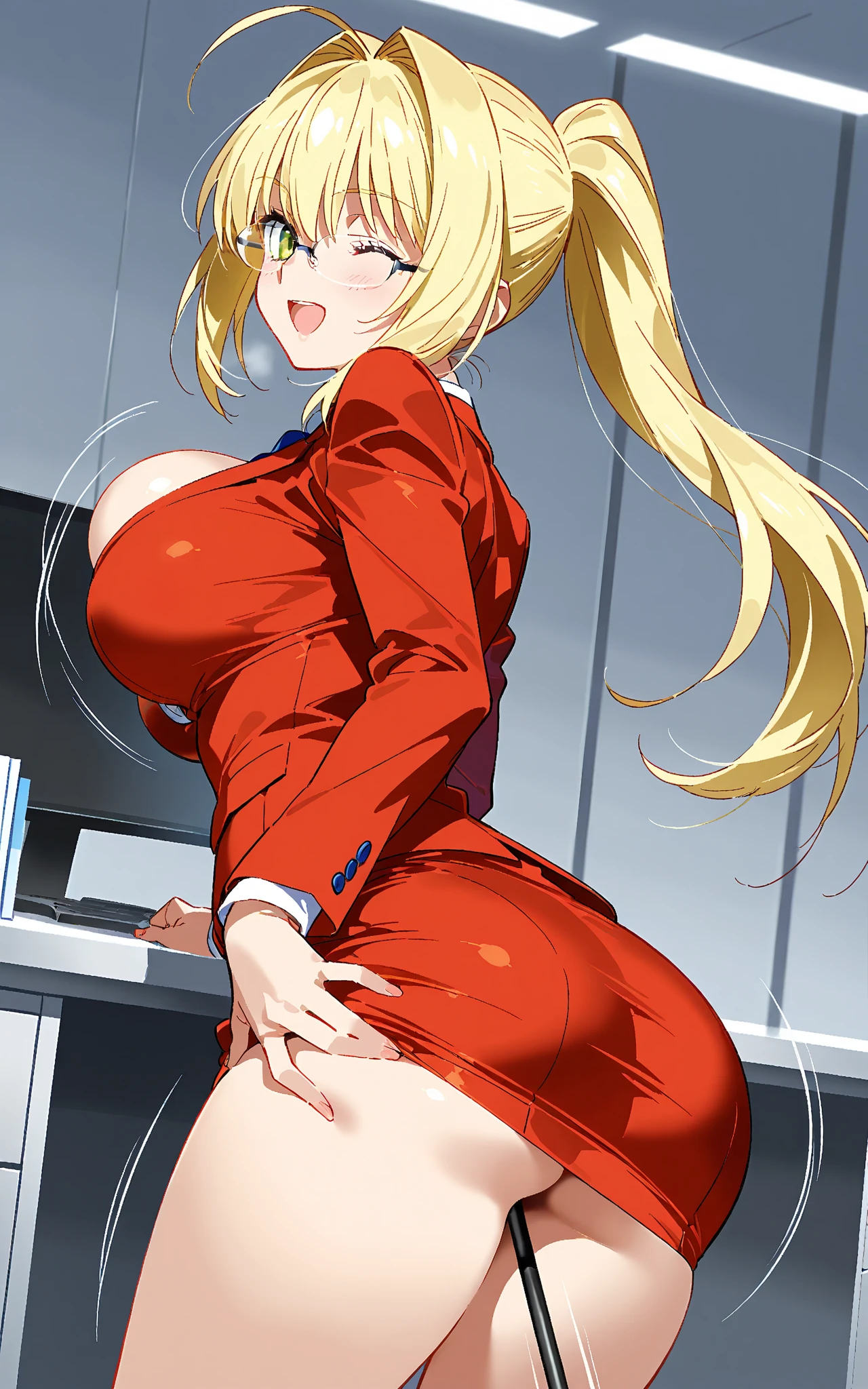 ((high detailed, best quality, 4k, masterpiece, hd:1.3)), landscape, (in office), indoors, business office, Office workers working in the office, many people are busy working, window, desk, chair, computer, ceiling light, Princess Peach, BREAK neon blue eyes, seductive, attractive, sexy smile, smiling, smooth anime cg art, 34B breasts, long legs, vivid colors, detailed digital art, slim body, perfect skin, blonde hair, long hair, BREAK crown, cleavage, 34B cleavage, looking at viewer, BREAK looking at viewer, extremely detailed face, black necktie, pink pencil skirt, pink jacket, white shirt, full body, (pink high heels), earrings, gem, dark black makeup lips, dark gothic eyeshadows, dark eyeshadows, black eyeshadows, black sexy lips, black lips, (dark:1.2), dark lips, very dark lips, (perfect hands, perfect anatomy), black makeup, detailed fingers, five fingers per hand, 5 fingers, (1 girl), detailed lips, detailed black lips, black painted lips, gothic painted lips, BREAK night, (breast focus), (breasts out:1.3), (hands on waist:1.2), (with your back turned:1.5, looking back pose), (looking back), (from above:1.2)