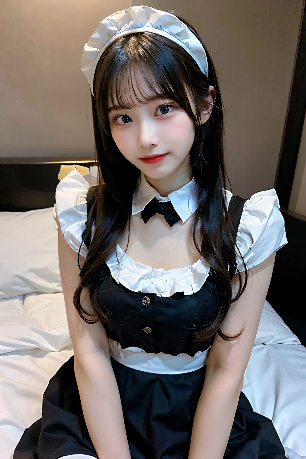 Sexy young japanese girl with long black hair and cute face, 20 years old, medium height, facing camera, seductive facial expression, lifting maid skirt to show lace black panties, wearing tight skimpy maid costume uniform, wearing french maid headband, detailed face, glamorous light, inside bedroom