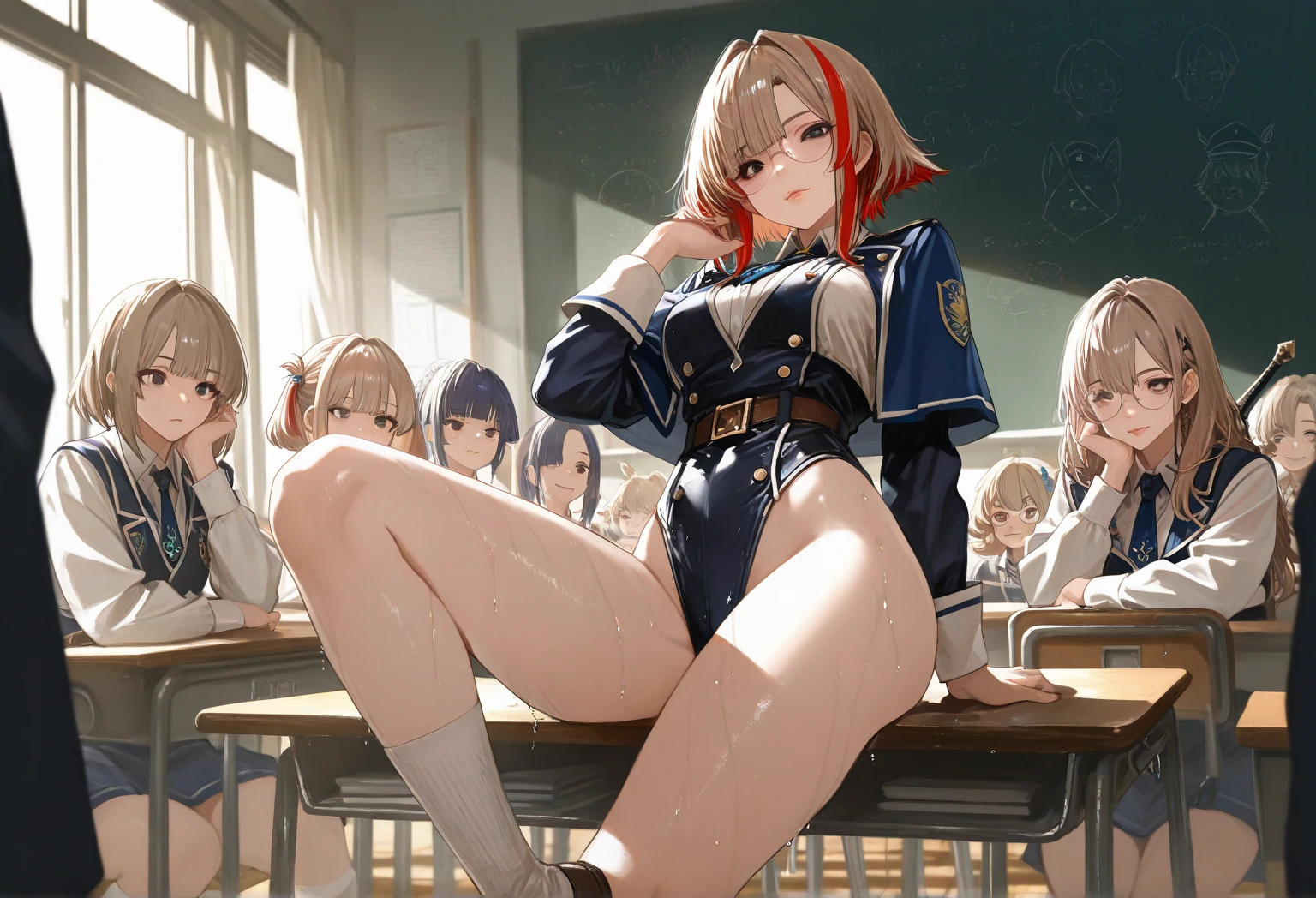 ((tanya von degurechaff, armpit, croptop, no pants, Military uniform, in the classroom)), clean skin, masterpiece, 4k, best quality, high quality.
