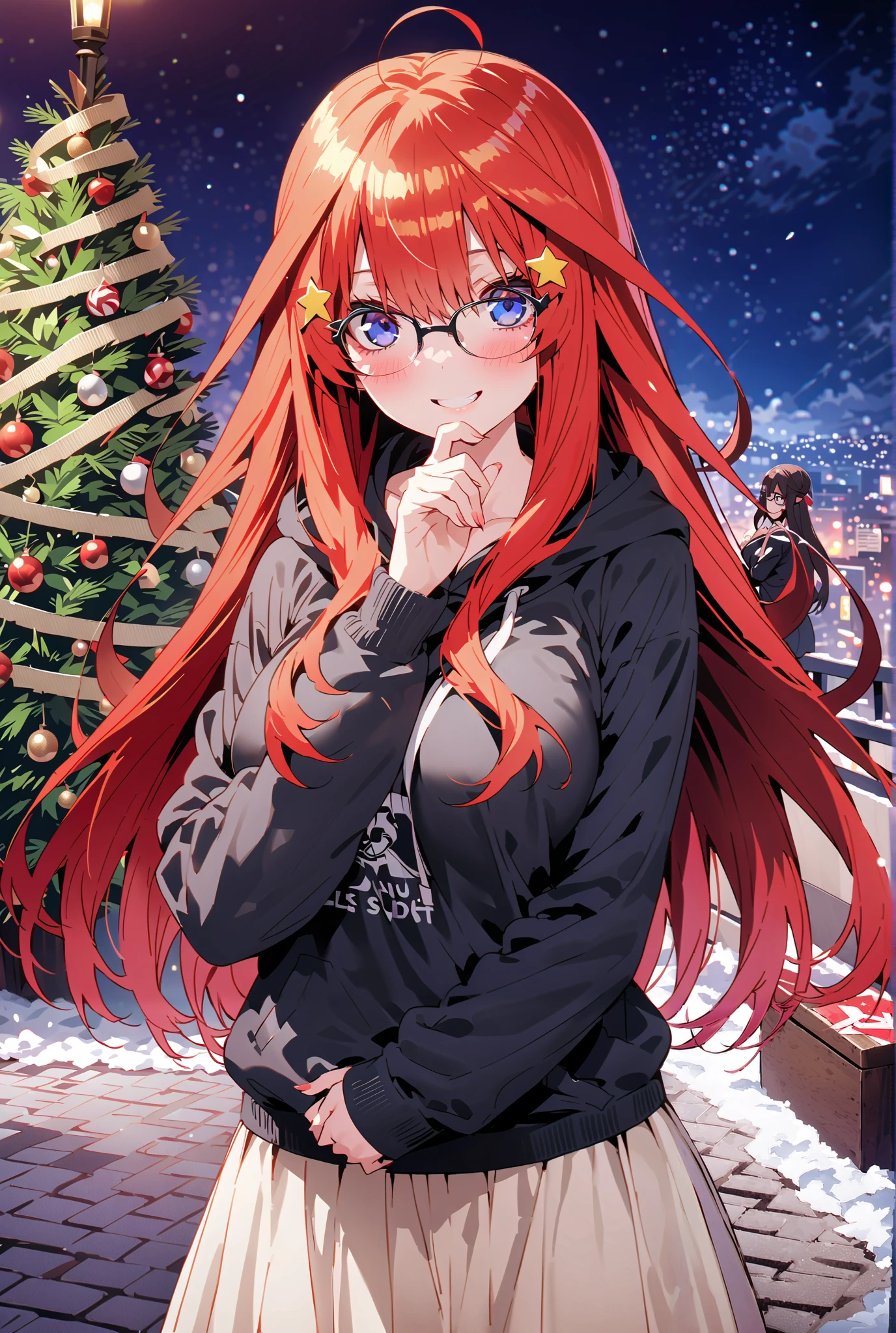 score_9, score_8_up, score_7_up, source_anime, Nakano Mizuki , long hair, stupid hair,blue eyes, hair ornament, red hair, glass, star ( symbol ), half updo,Half-rimmed glasses, Rim under eyewear, star hair ornament,smile,cover,close your mouth,Big Breasts, red oversized hoodie , WHITE LONG SKIRT,sneakers with lady back letter,winter,christmas tree,illumination,snow,is standing,beautiful scenery,building,destroy the whole body to match the illustration and place them outdoors, city,
GREEN RAZY HILEG LEOTARD,full body
Break (masterpiece:1.2),Top Quality , kampala,unity 8k 壁紙,(shape:0.8),( , beautiful eyes with a vagina :1.6), It's a person ,full body photo, CG Details , (perfect hands,Complete Anatomy),
