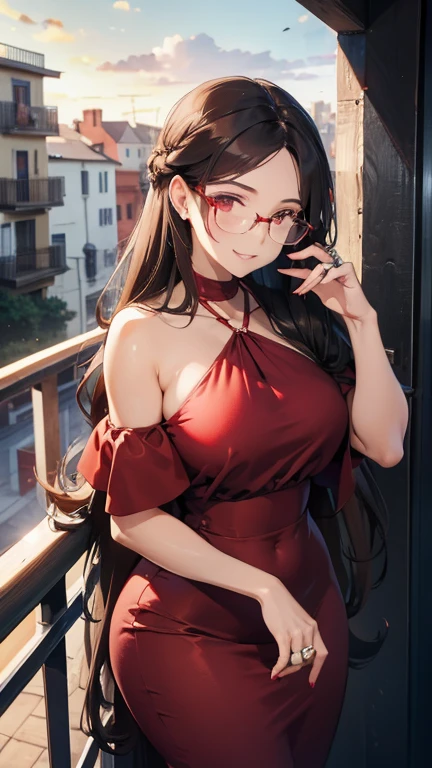 Generate an anime character with big breasts, Playful but shy that inverts to morbidity, She must have long dark brown hair, dark brown eyes, juicy lips, an oval, chubby face, secretary glasses, and red clothing.