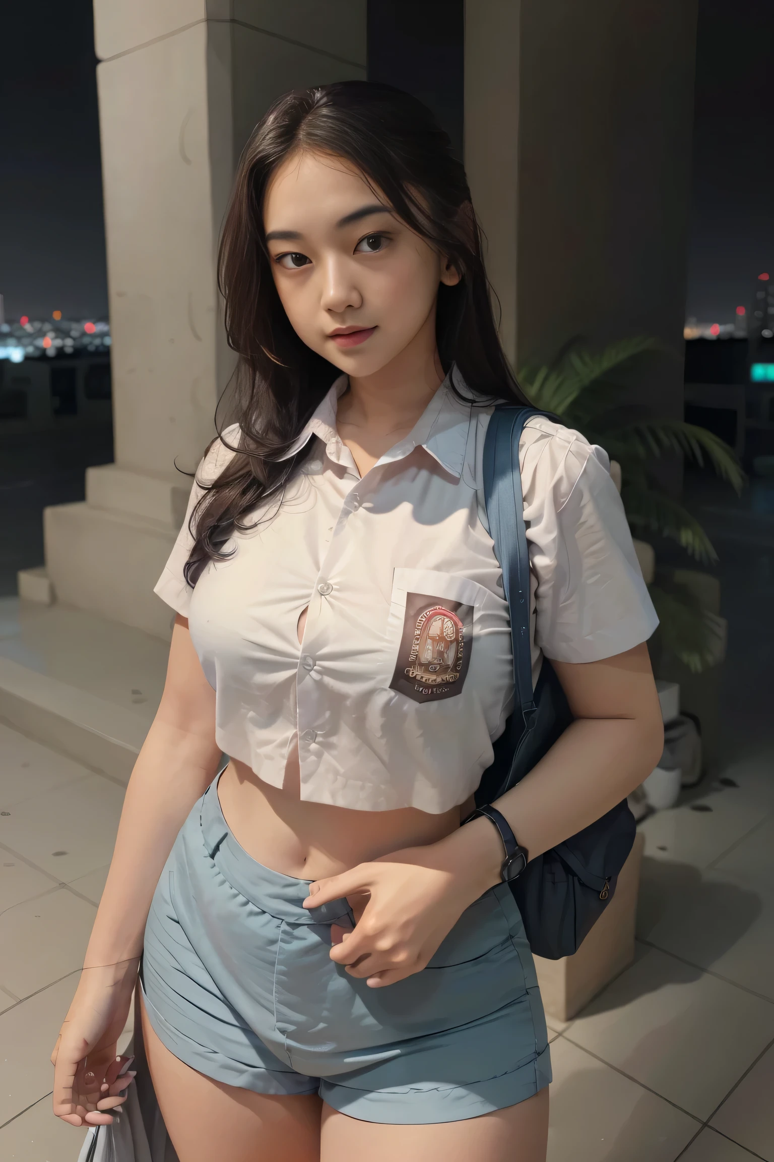 1girl, (uniform), standing, outdoors, night view, detailed Metropolitan city at the background, detailed face, little smile, detailed eyes, medium breasts, smooth realistic skin, semi-curvy body, tide white shirt, grey blue hot pants, looking at the audience, (ultra wide angle shot: 1.3), (8k, RAW photo, best quality, masterpiece: 1.2), (realistic, realistic: 1.37), ultra-high resolution