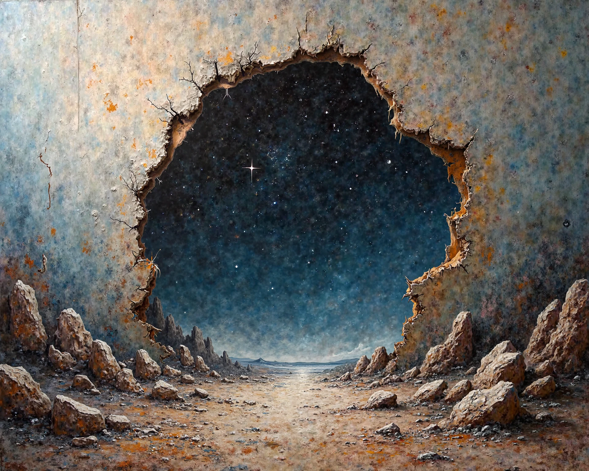 The plain white canvas is heavily slashed and has holes。
Outer space extends beyond that hole。