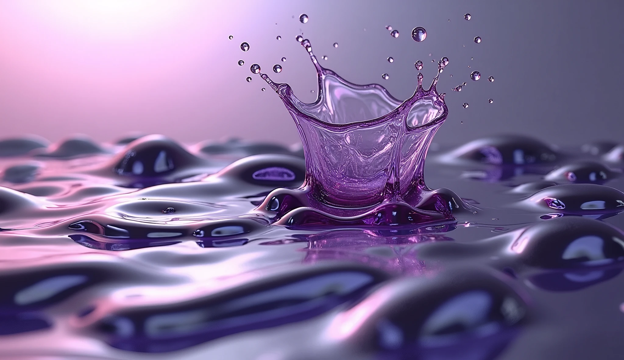 Silver to chrome gradient with abstract liquid metal effects. dark-purple drop splash.