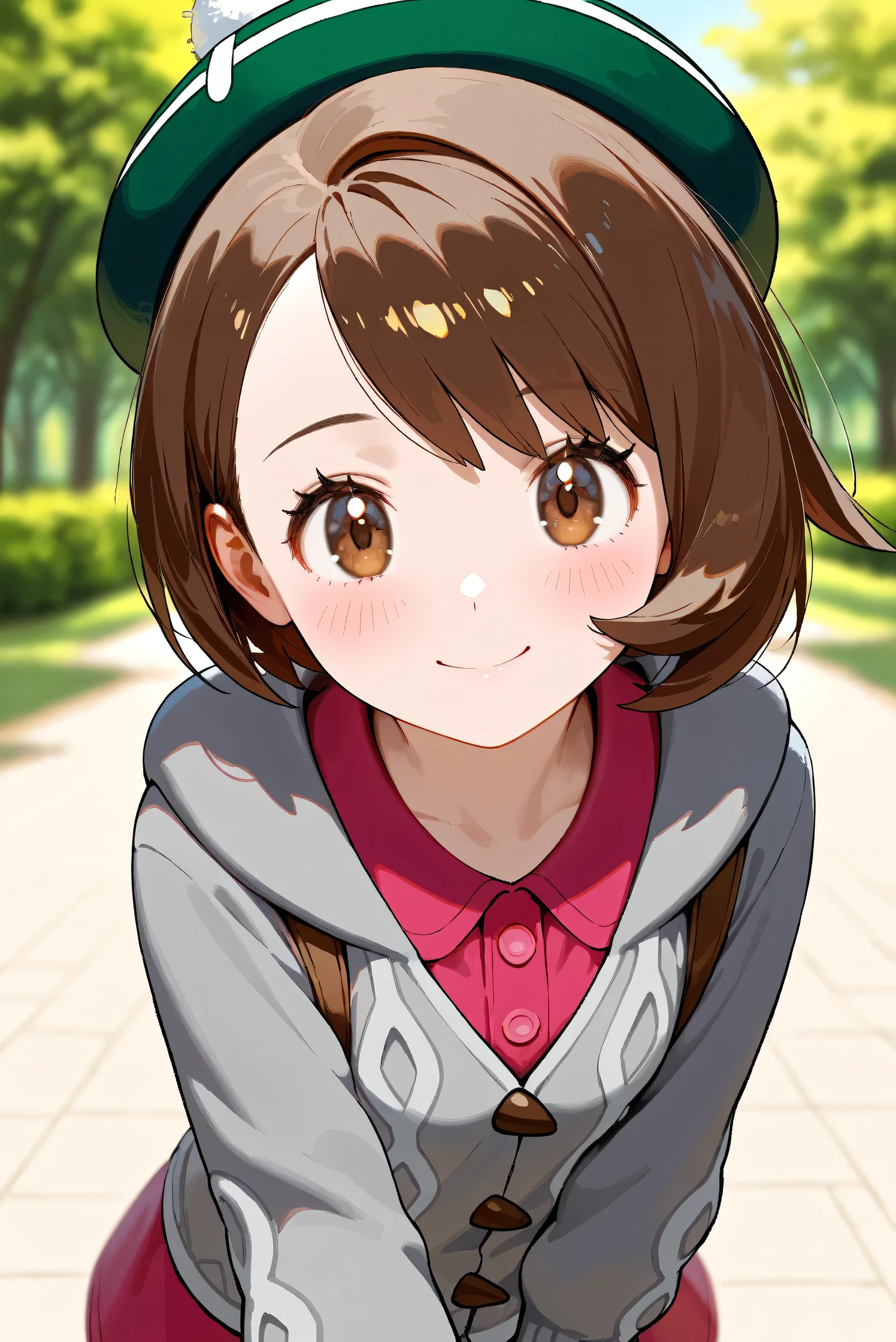 (Masterpiece), (Highest quality), (Very detailed),
(The best shape), (Best Shadow), (Absurd),
(Detailed background), (So beautiful), Shiny ,
Beautiful eyes in every detail, Extraordinary, Countershading, 8k, 32K, High resolution,
Very Detailed CG, UHD,
Score_9, Score_8_up, Score_7_up, Source_anime,
(Pastel painting:1.2), (Watercolor painting:1.2),
(Masterpiece, Detailed:1.2), (Foreshortening:1.2),
Cinematic, Dramatic, (Depth of field:1.4),
(Blurry background:1.4), (Realistic background:1.4),
(Foreshortening:1.3),Dynamic angle, dynamic pose,
1 girl,
Outdoor, Nature, Park, Wind,
Pokémon,
gloria, gloria (pokemon), short hair, bangs, brown hair, brown eyes, eyelashes, bob cut,
hat, dress, buttons, cardigan, pink dress, green headwear, collared dress, cable knit, grey cardigan, tam o' shanter, hooded cardigan,
Portrait, Focus on face, (Close up shot:1.2),
(Blush:1.3), smile, happy, joyful,
Shiny skin,