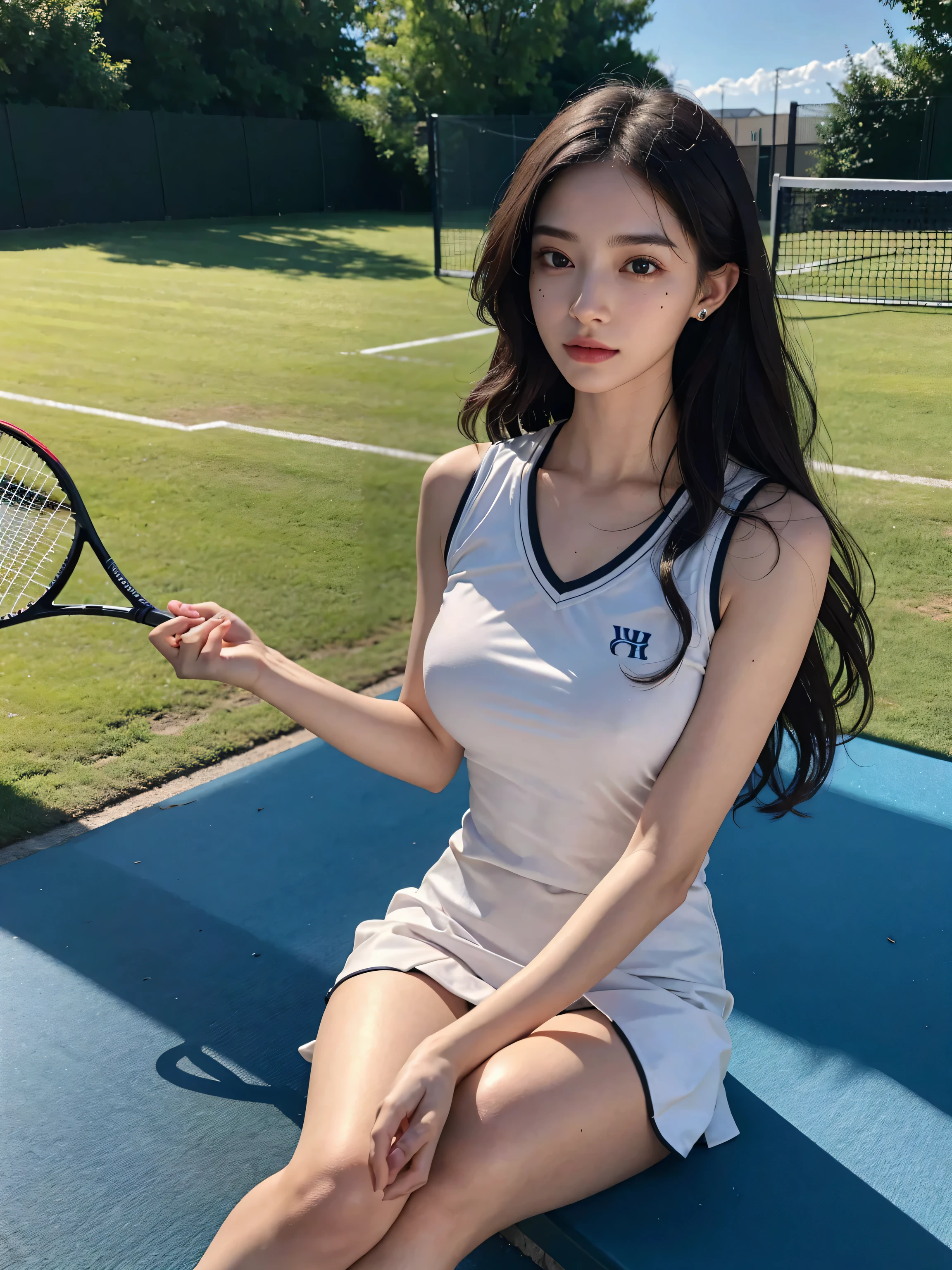 masterpiece, 1girl in, 独奏, Luminous Eyes, White sneakers, Tennis Wear, White mini skirt, white panties, white knee-socks, masterpiece, top-quality, realisitic, ultra-detailliert, blue-sky, tennis coat, (extremely delicate and beautiful work), ((masuter piece)), (Best Quality), glamor body, One lady, 20yr old, (Wearing a tennis uniform:1.5), (Taut), (Sexually aroused face:1.4), ( Shoulder cut hair,(Fair skin:1.2), Bright lighting, Natural lighting, Realistic lighting, Lovely lips、delicated face、(realisitic、Photo_Realistic:1.4)、((top-quality、masterpiece:1.3))、20yr old、((Brown hair))、((a shower、White turbid water))、((the pose))、((Functional))、((soaked breasts))、(((soaked body)))、(((Drenched pubic hair)))、Smile full of happiness、Poses that fascinate a man、seducing smile、Upper body naked、(((During sex)))、(((SEX)))、(((Expression in a state of excitement)))、(((Lacking)))、short-hair、toppless、((((During sex))))