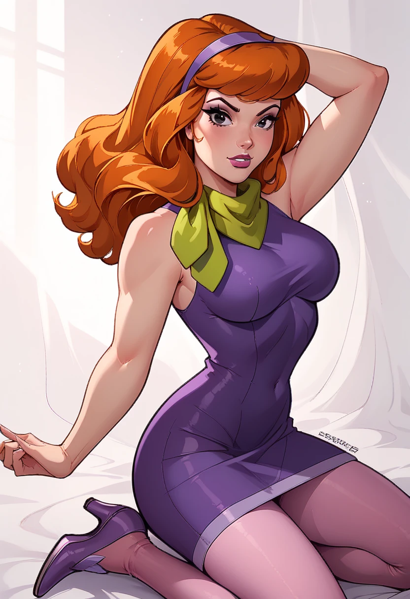 score_9, score_8_up, score_7_up, score_6_up, score_5_up, score_4_up,
BREAK
daphne ann blake, purple headband, orange hair, purple eyes, shy, flustered, blush, smile, happy, half-closed eyes, lustful, long eyelashes,
BREAK
solo, standing, large breasts, cotton thighhighs, green cotton scarf, (purple virgin killer sweater:1.1), pussy juice, bimbo, round breasts, fake breasts, hip vent, sideboob, sleeveless,
BREAK
black background, realistic, <lora:Lunas-NijiJourney-SDXL-B2:1>