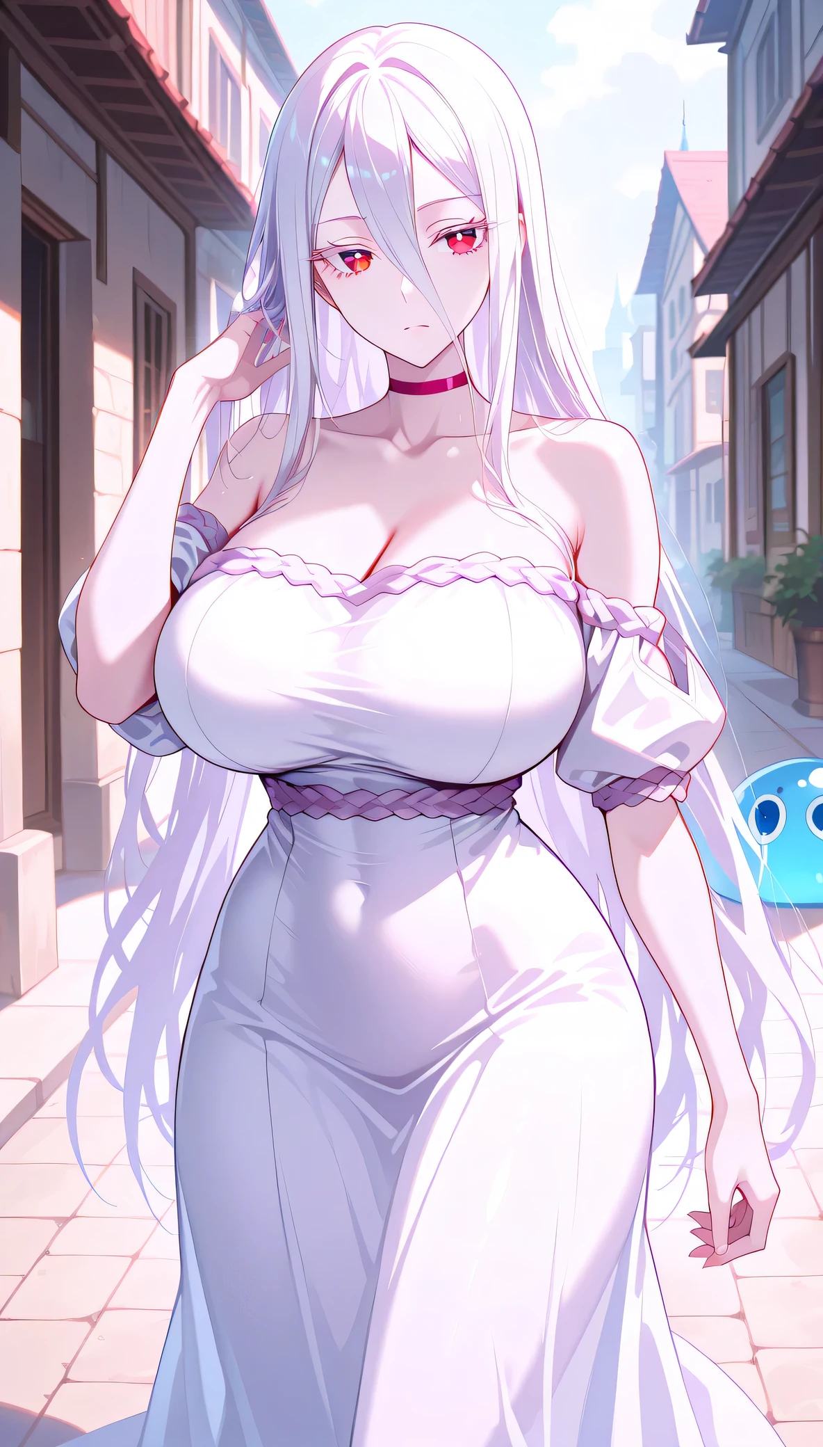 Masterpiece, source_anime, top-quality, perfect anatomically, correct anatomy, sharp focus, 4K,8K, anime girl, 2D,1girl, 1creature, shiraori(so I'm a spider, so what?), beautiful face girl, white hair (light-purple in hair), long hair, very long hair, hair down, bangs that extend beyond the face, very long bangs, bangs cover nose, bright skin, pale skin, beautiful white eyelashes, white eyebrows, red eyes, eyes detail, closed mouth, slim waist, hourglass body, big breasts, first-rate breasts, beautiful legs, bare shoulder, collarbone, beautiful body, beautiful body and face, attractive body, perfect body, beautiful woman body, beautiful feminine body, sexy :8, beautiful symmetric body, with beautiful exotic, bright skin, pale skin, big breasts (big-breasts:1.4), first-rate breasts, perky breasts, slim waist (sexy waist, curvy), proportional to athleticism, beautifully body, dynamic details, perfect face, Highly detailed beautiful face and eyes, perfect hair (handled hair:1.1), white dress, off-shoulder dress, short Sleeves (puffy sleevess), long dress, embracing blue slime creature (Rimuru Tempest) in her stomach, standing, emotionless face, front view, outdoor, brick road, detailed medieval city background