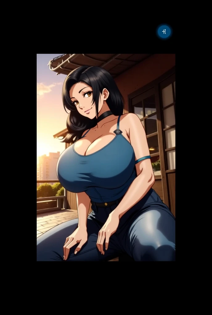 blue sweater, black skirt, side city street background, momiji, anime cels style, best quality, high resolution, 1girl, (huge breasts:1.2), mature woman, 27 yo, beautiful face, black hair, long hair, brown eyes, cowboy shot, light smile