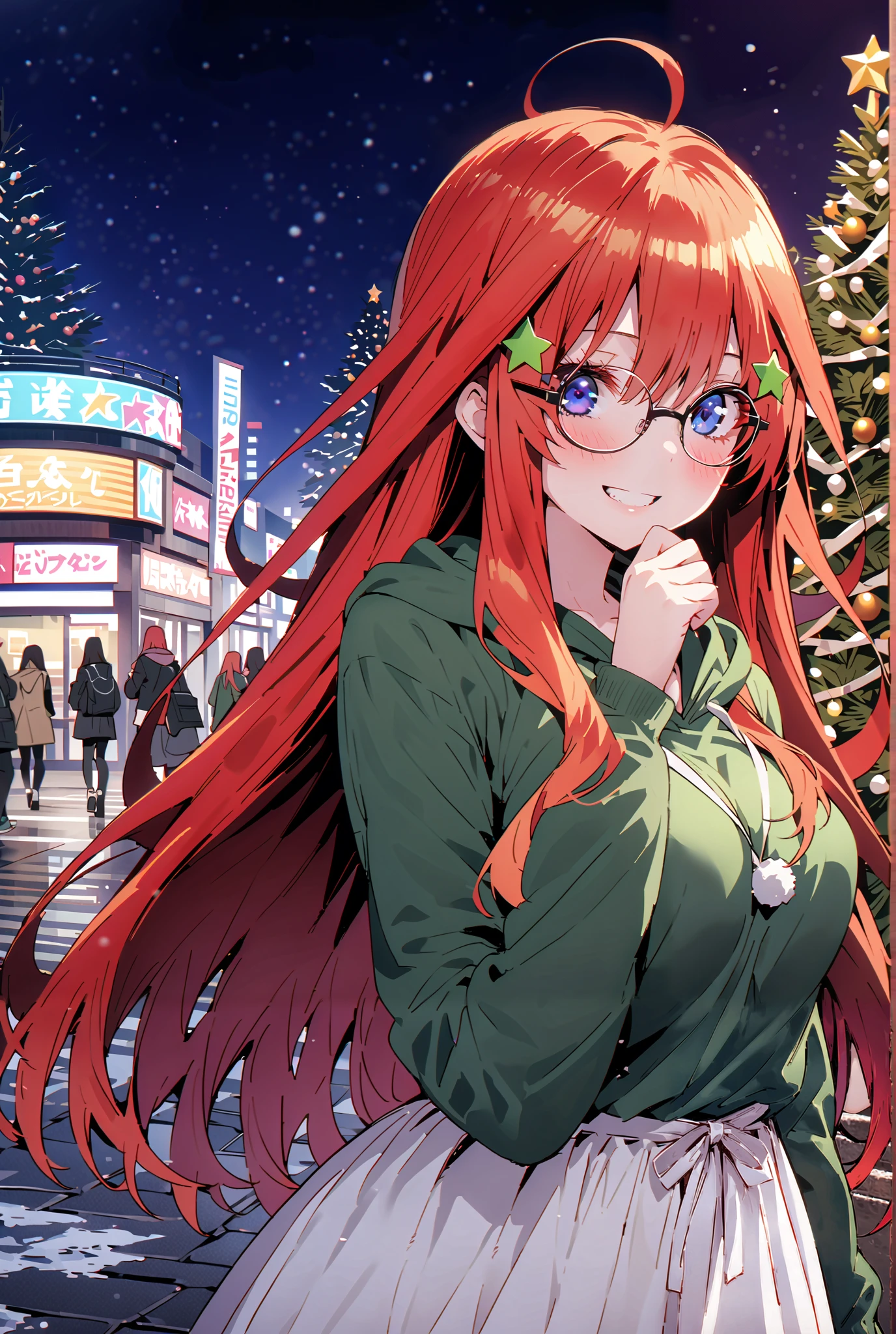 score_9, score_8_up, score_7_up, source_anime, Nakano Mizuki   , long hair, stupid hair,blue eyes, hair ornament, red hair, glass, star ( symbol ), half updo,Half-rimmed glasses, Rim under eyewear, star hair ornament,smile,cover,close your mouth,Big Breasts, red oversized hoodie , WHITE LONG SKIRT,sneakers with lady back letter,winter,christmas tree,illumination,snow,is standing,beautiful scenery,building,destroy the whole body to match the illustration and place them outdoors, city,
GREEN RAZY HILEG LEOTARD,full body
Break   (masterpiece:1.2),Top Quality ,  kampala,unity 8k 壁紙,(shape:0.8),(  , beautiful eyes with a vagina  :1.6), It's a person   ,full body photo, CG Details  , (perfect hands,Complete Anatomy),