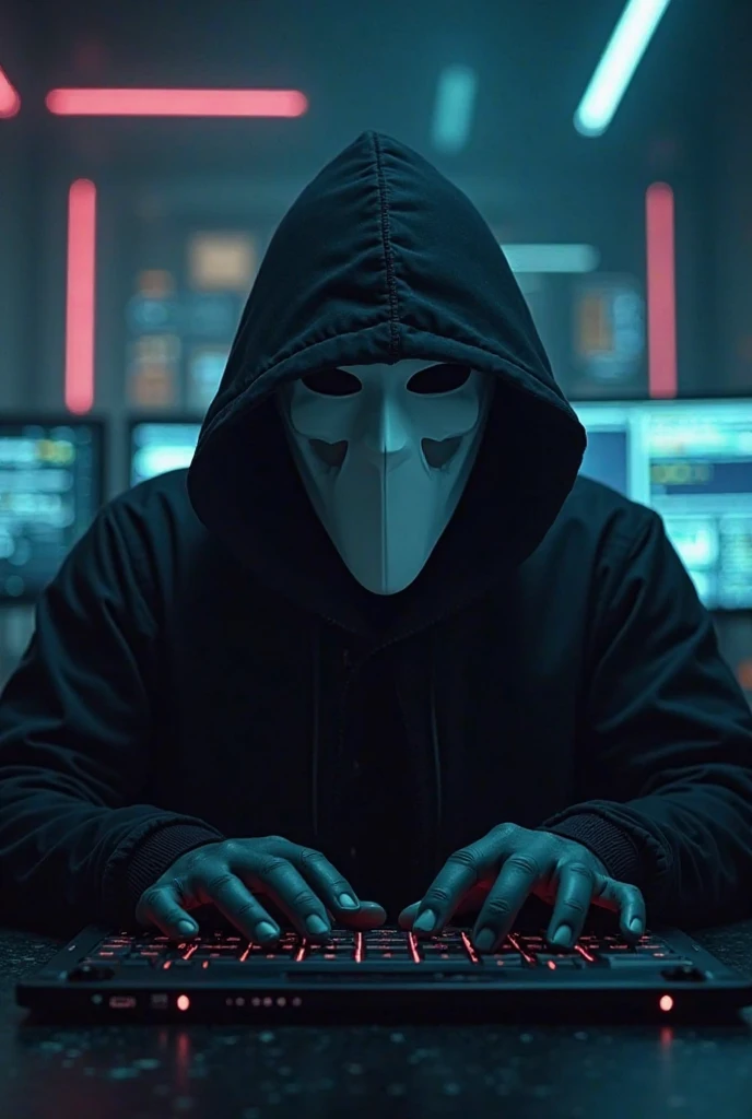 uma pessoa com capuz sentada em uma mesa sem seu rosto, hacker, Hacking, figura encapuzada, invadindo o mainframe, na frente de, Figuras encapuzadas, Eretos, sorrateiro, creating an ominous presence, usando um capuz escuro, de capuz, anonymous, exploitable image, efeitos de Hacking, imagem linda, hacker cyberpunk --auto