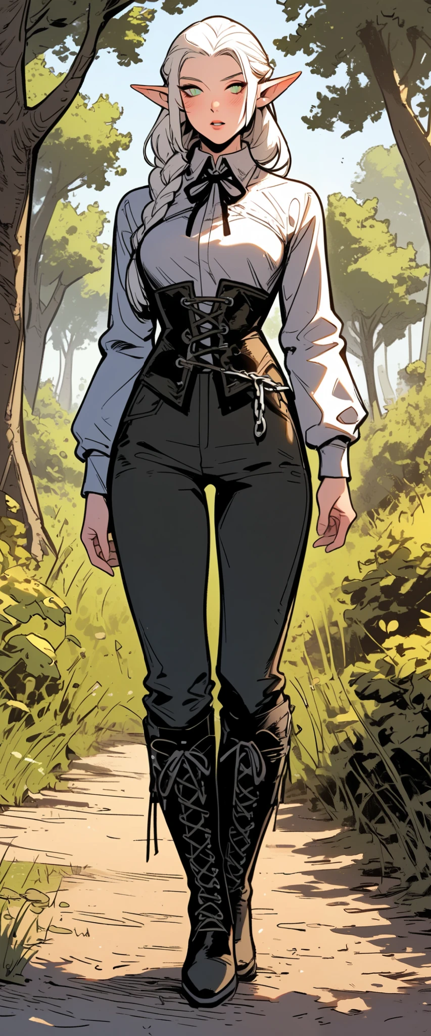 c0m1c_v1,w1w1_v1,, 1girl, pointy ears, solo, long hair, pants, boots, white hair, shirt, elf, nature, white shirt, outdoors, forest, looking at viewer, standing, long sleeves, full body, tree, braid, breasts, blush, knee boots, black pants, green eyes, cross-laced footwear, collared shirt, neck ribbon, ribbon, chain, parted lips, day, black ribbon, medium breasts, lace-up boots, black footwear