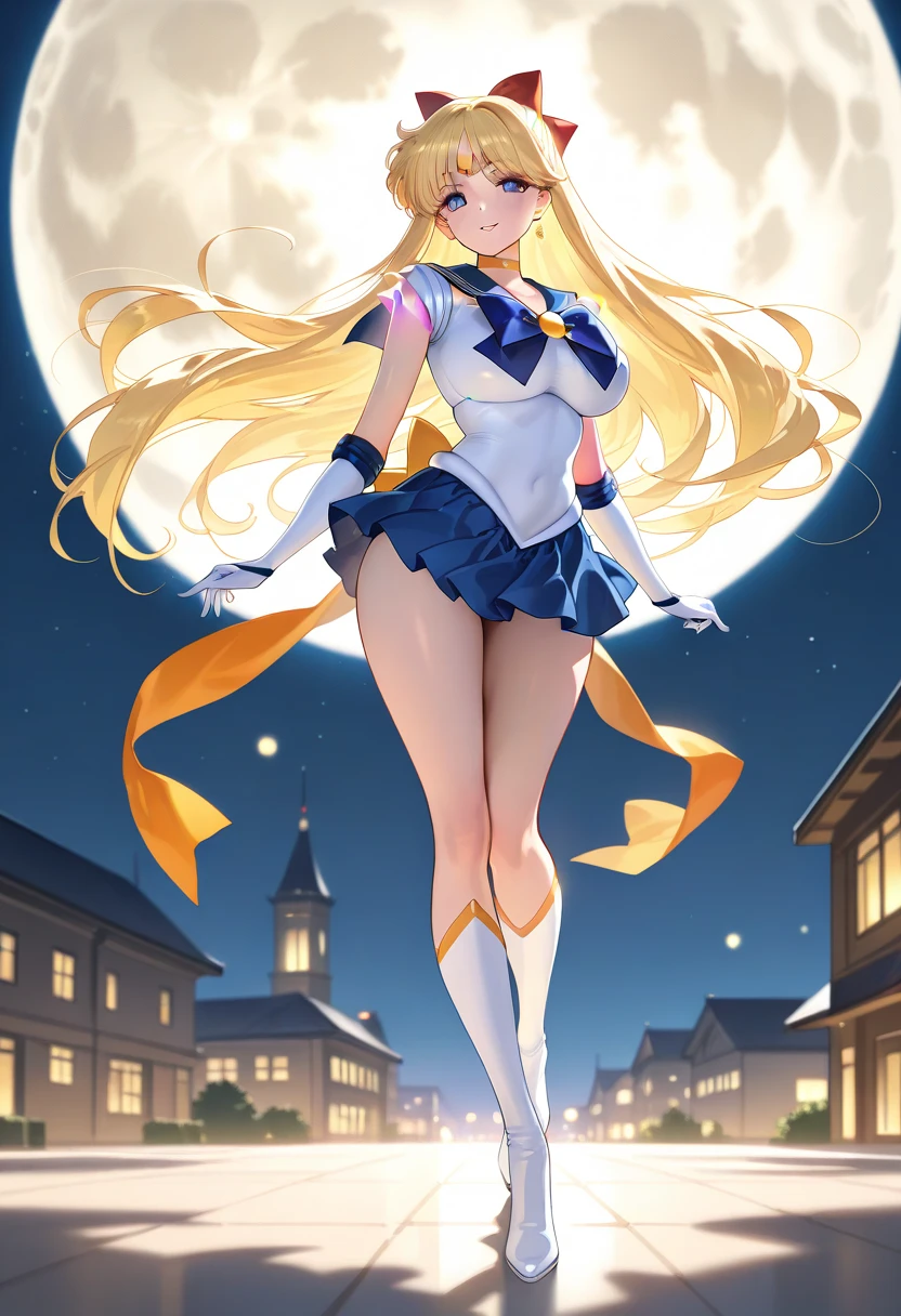 1girl, (Angle from below:1.8), ((Standing with legs apart and showing off her panties)), (Moonlit night)、(On the roof of a building)、thighs、(shiny White skin:1.6)、blue eyes, ((Slim figure)), (12 years old girl), (A sadistic and malicious grin), ((pantiess))、(grin), (Shiny blonde hair)、Long hair, (forehead), (feet), Blue ribbon on chest, (Big red ribbon), ((Sailor Venus))、Sailor suit、(Orange pleated mini skirt)、panties, sexy pose, (close up panties:1.4)、((footjob)), foot on penis,