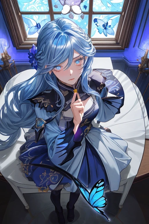 demon king and demon queen couple.demon king wears blue demon outfit,has blue horns,long blue hair,blue eyes.demon queen has long blue hair,blue eyes,demon queen outfit.demon palace,absurdres,ultrasharp,high res,8k,masterpiece.they are kissing