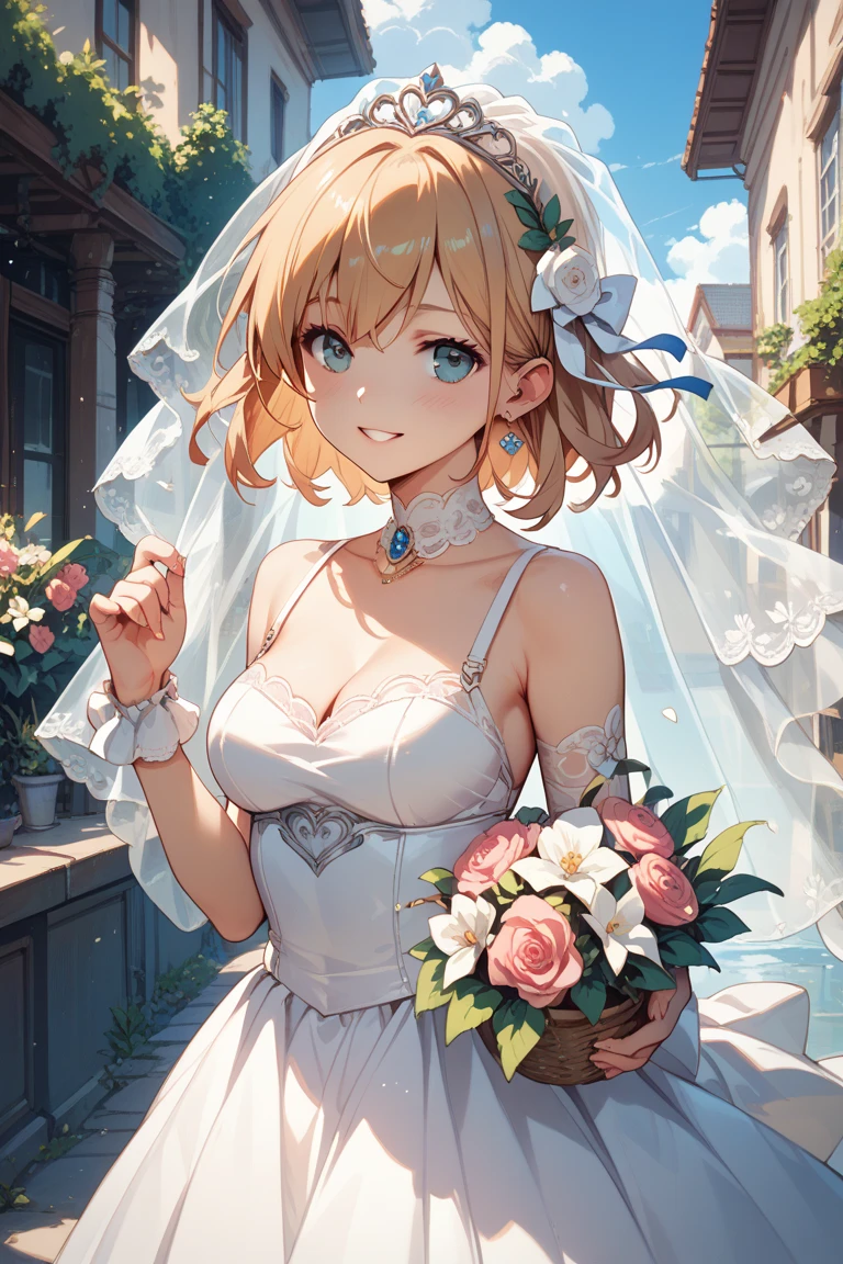 masterpiece、Highest quality、blonde、Shortcuts、White flower corsage、blush、20-year-old female、Big Breasts、((turn around))、Place one hand on a sword、（White Wedding Dress）、White flower scenery inside the castle、（short white frilly skirt)、Like a bride、detailed、One person、smile、The face is Zeta、don&#39;t wear armor、Gold embroidery on clothing、Natural Hands、White skin、Accentuate your butt、8K、Two arms、Do not show underwear、I can see your thighs、