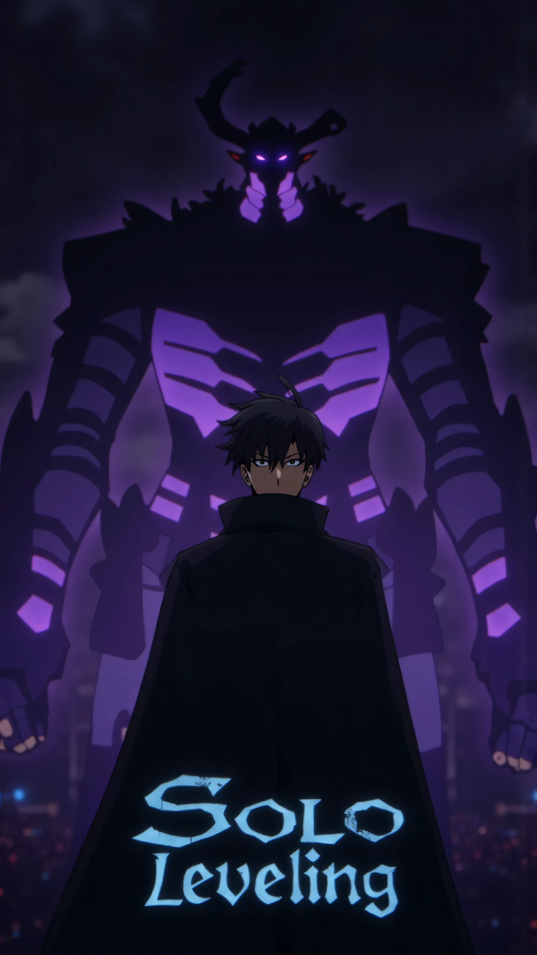 8k, Masterpiece, Top Quality, Low-angle, Dark hair, serious expression. Dark coat, dark clothing. Calm, resolute pose. stylized font, "Solo Leveling", light blue lettering, Massive dark entity, shadowy tendrils, demonic features, purple-black color scheme, cloudy background. Flank entities, chaotic force.