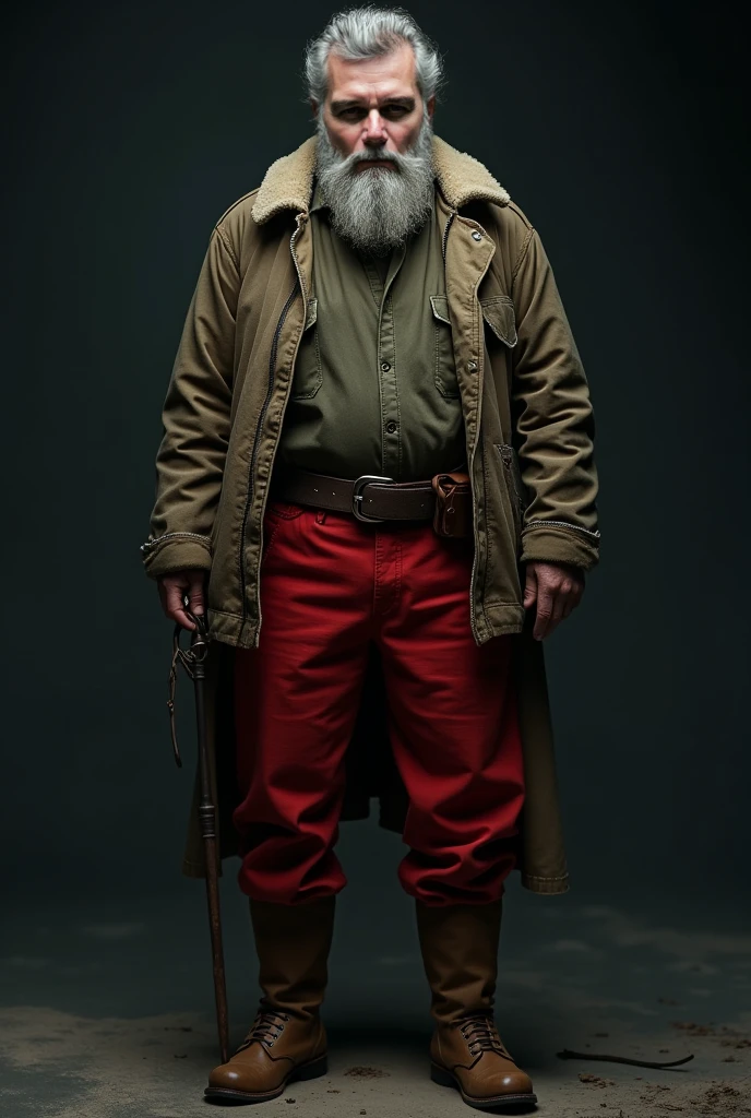 Muscular chubby old man, gangster 50s of the 20th century, mature dad, domineering and sexy sharp stern  face, short beard, wearing only a long open cashmere coat, hat on head and cowboy boots, right hand holding a Thompson submachine gun raised, smoldering cigar in left hand, hairy chest with small protruding nipples, bearish hairy belly, penis, nasty erection, hair on chest and belly stuck to the skin from sweat, dad's pose is repulsive and sexually alluring to him, full body side view, Chicago in the 50s , twilight,(best quality, 4k, 8k, high, masterpiece: 1.2), ultra detailed, ( realistic, photorealistic, photorealistic: 1.37), detailed face, intricate details, cinematic lighting, dramatic lighting, cinematic angle, cinematic pose, dark shadows, dramatic shadows