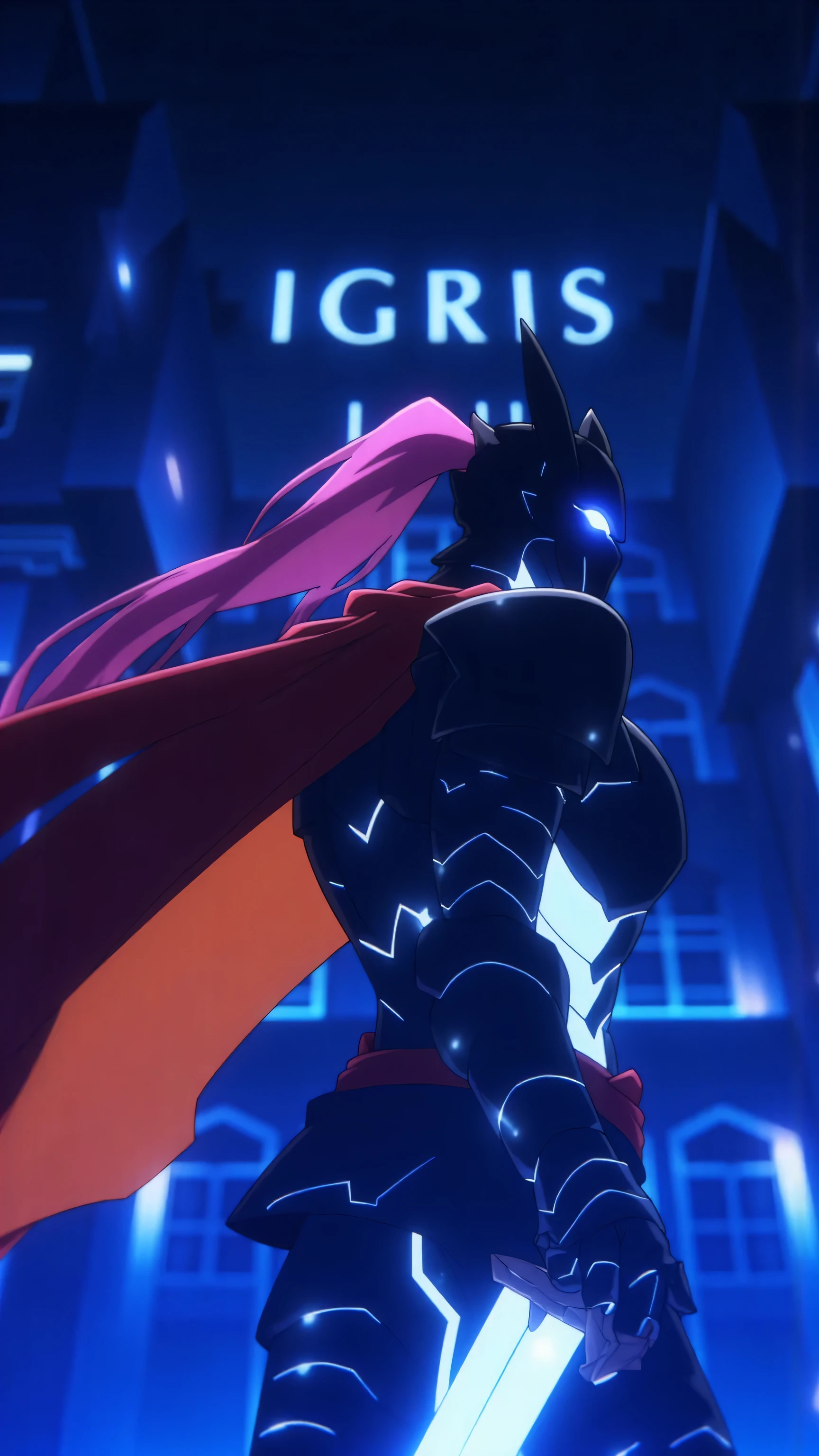 8k, Masterpiece, Top Quality, Low-angle, dynamic, powerful, armored, flowing, cape, sharp, glowing, blue, metallic, pink, orange, hair, weapon, blade, staff, stylized font, "IGRIS", light blue lettering, dark, atmospheric, nighttime, city, building, blue, purple, detailed, vibrant, contrast.