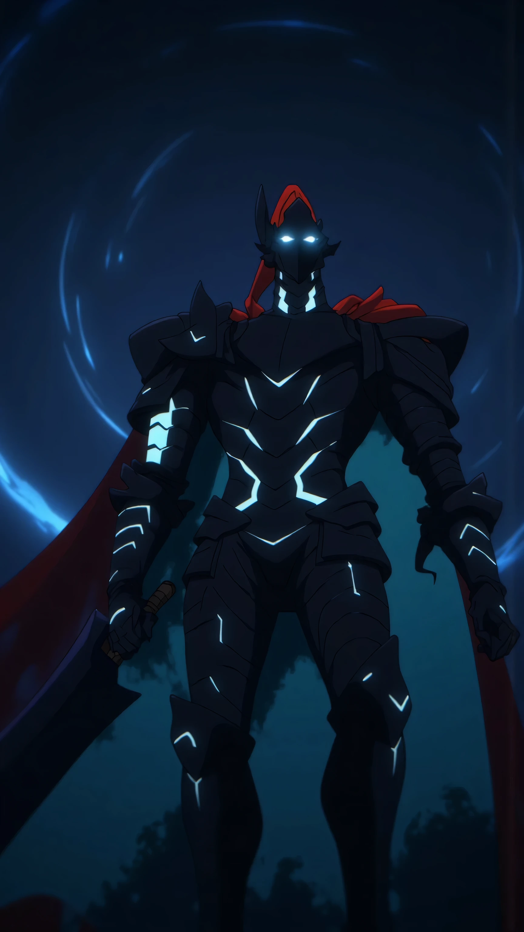 8k, Masterpiece, Top Quality, Low-angle, full-body, dark armor, cyan accents, pointed helmet, face obscured, large blade, red ribbon, powerful pose, holding weapon, dark swirling background, nebula-like, blue and black, sharp angular design, futuristic fantasy, dramatic shading.