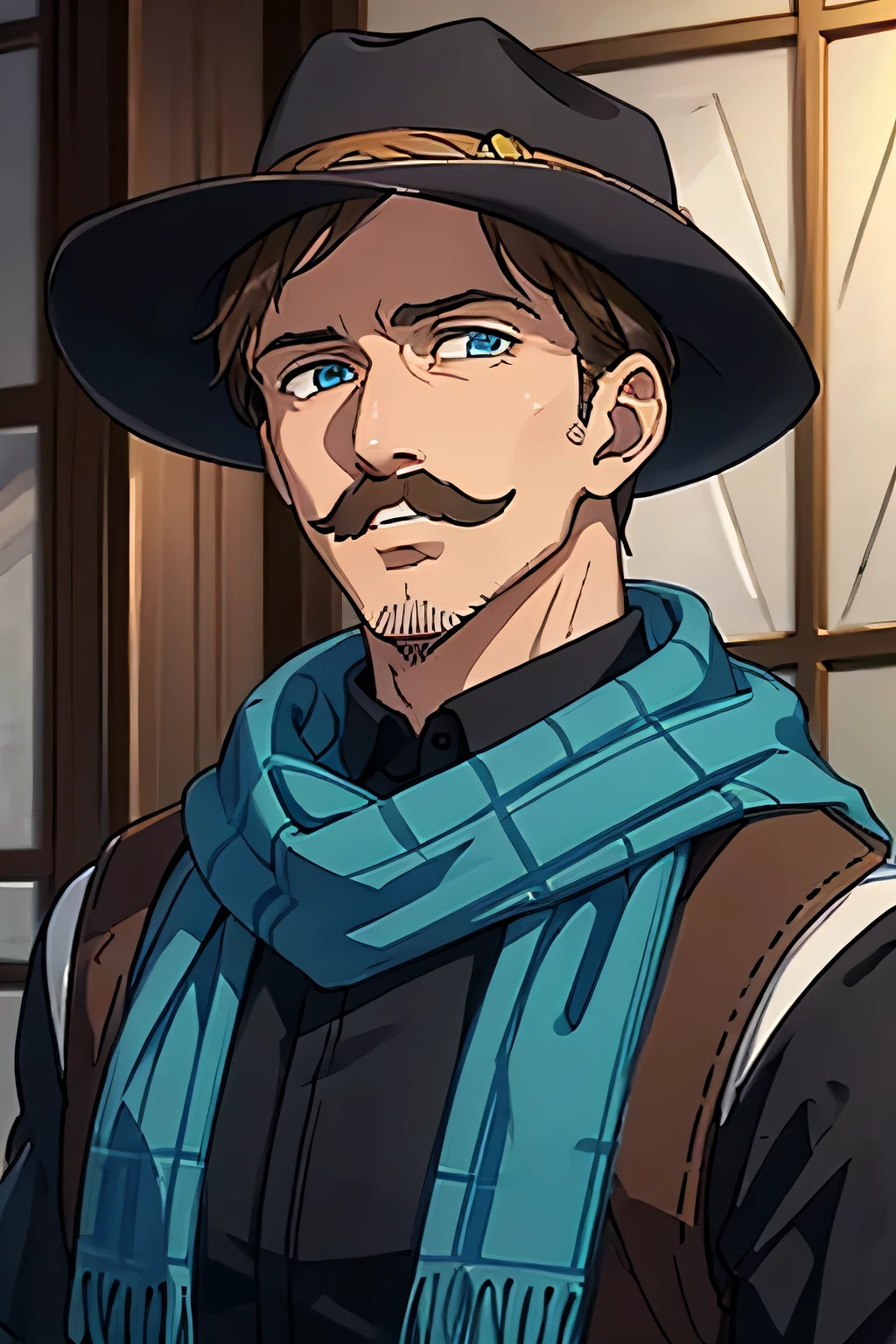 30 year old man , Amerika, koboi, kriminal, wearing a cowboy hat , wears scarf around neck, wears a bandana around the neck, wears black and white flannel shirt, wears black levis, blue eye color , brown hair, brown moustache, front facing , half body , hd