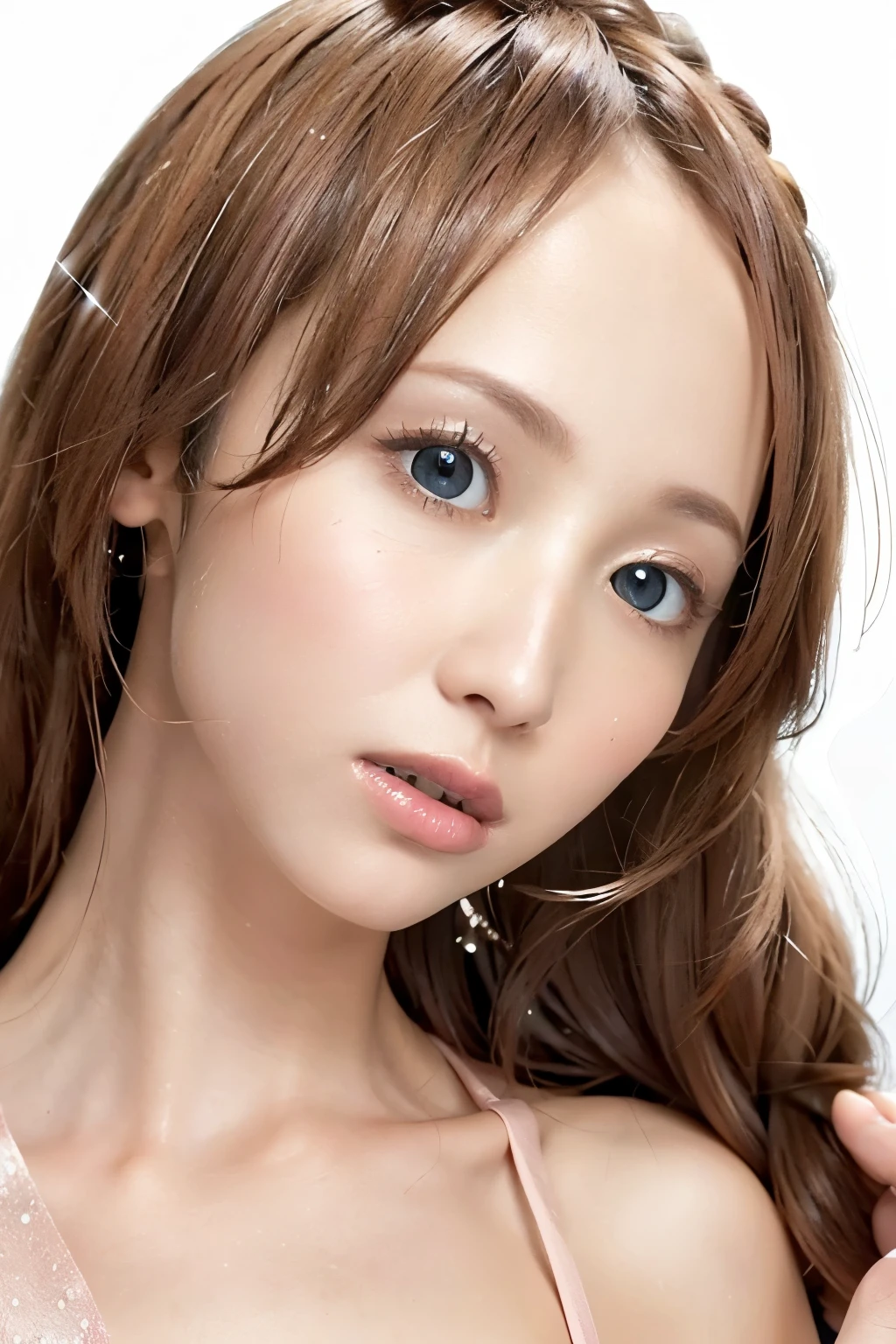 (8k, high resolution, high resolution), ((((photo shoot, RAW photo, Hyperrealism, masterpiece, Top Quality, ultra high resolution)))), (Pin Light, backlight, backlight, cinematic lights ), sharp concentration:1. 4, ( hyper details, Exquisite Description), face up, close-up,
1 girl, Egg-shaped face , big, beautiful cat-like eyes , cute button-like nose , small, cute, plump lips , thick eyebrows and long, beautiful eyelashes . Overall, the makeup is transparent , with pink touch and glitter on the cheeks {x} lip gloss with a touch of pink on the cheeks. hairstyle is long wavy hair.