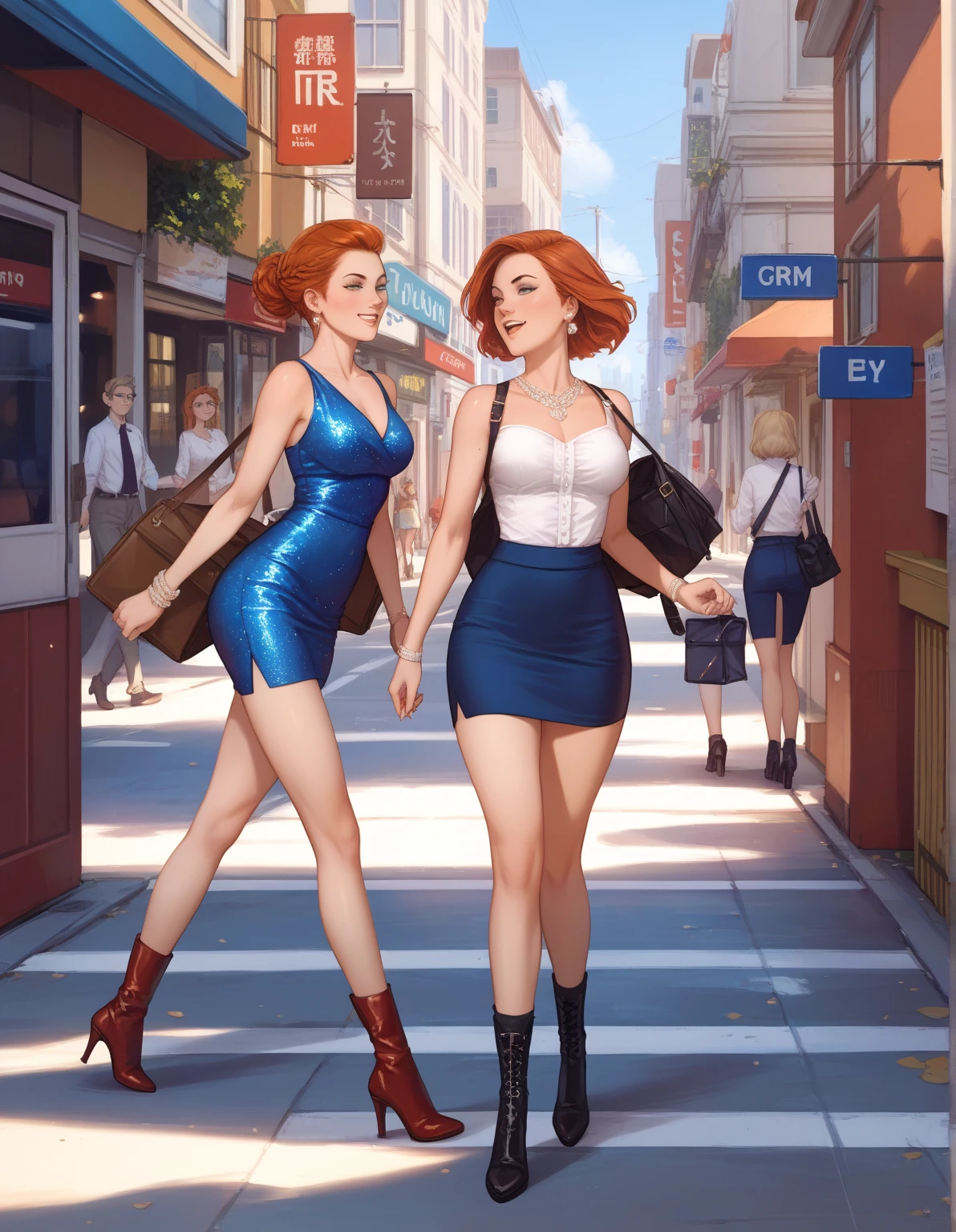 tanned redhead, businesswoman, Two girlfriends, muscular legs, muscular calves, Strong legs, muscular hips, wide thighs, Curvy hips, high-heeled sandals, tights in a net, Stiletto heels, Women's business suit with short shorts, large ring earrings, tolerates the urge to urinate, Desperately urinate, Running through the mall, An expression of shame on his face, confusion, Desperation on the face, anatomically correct, Realistic,