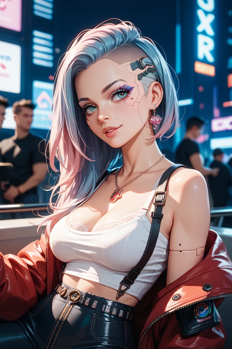 ((two braids:1.2)), double tail, (((white hair)), ((wavy length:1.2), cheerful facial expression, (pink pupils:1.1),
       (red jacket shrug), ((cleavage exposed)), ((sexy pink bra: 1.1)), nekomimi, cat ear headphones,
       Korean mix, happy expression, k pop idol, Korean, pale skin, angular face:1.2, shy, (((big breasts:1.4))), blushing cheeks,
       freckles, skin marks, blush, long eyelashes + smokey eyeliner + eye makeup + red eye shadow: 1,2+ lips + makeup,
       ((Background under the tall building))