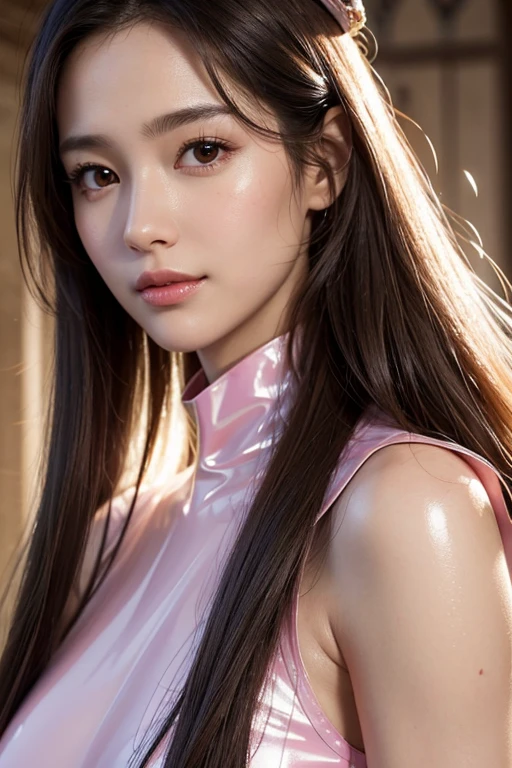 face close-up 、
Huge 、Long brown hair、Shiny, Oily skin、 Glowing Skin 、 white skin、Flying debris, best quality, Realistic, very detailed, finely, High Resolution , 8k dende wallpaper, Beautiful woman,, Light Brown, Disheveled Hair, Sharp focus, perfect dynamic composition, Beautifully detailed, Detailed Hair, Detailed Realistic skin texture, smile, Close-up portrait, portrait 、 face close-up 、 wear a pink transparent latex dress、The dress is thin like a cicada feather 、 unbelievably absurd in a castle in the sky
