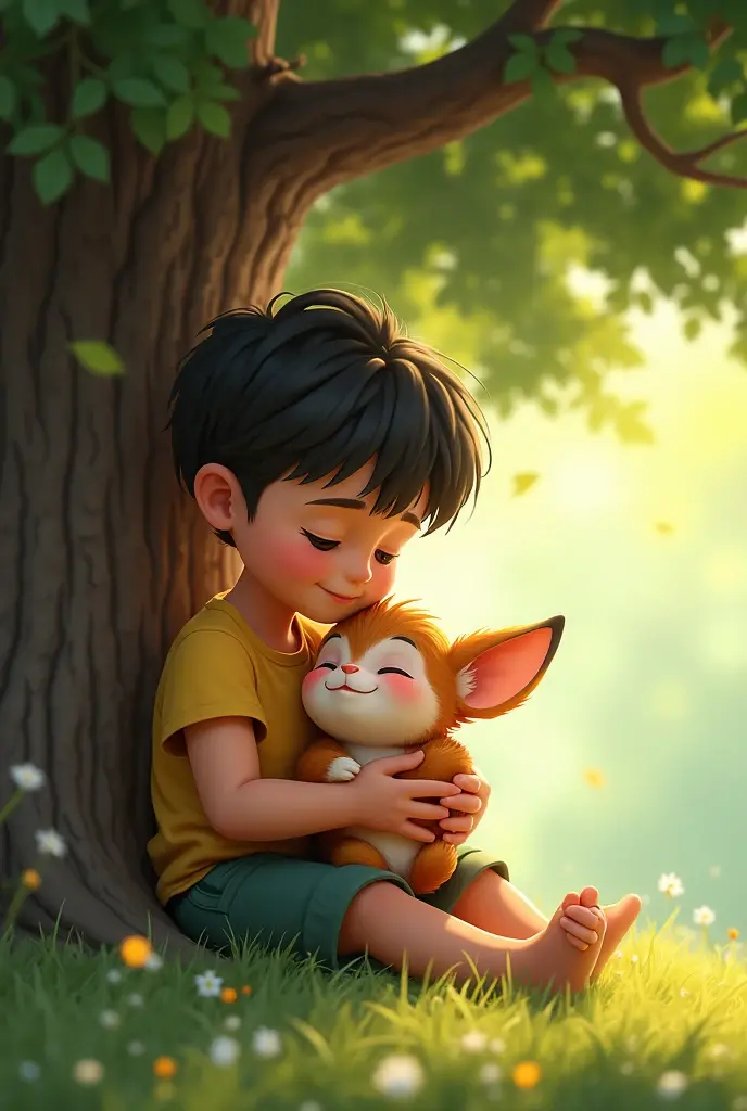 Bobo snuggling into Ali's hands, its tiny ears resting comfortably, while both of them sit together under a tree, their bond of friendship boy evident in their expressions.