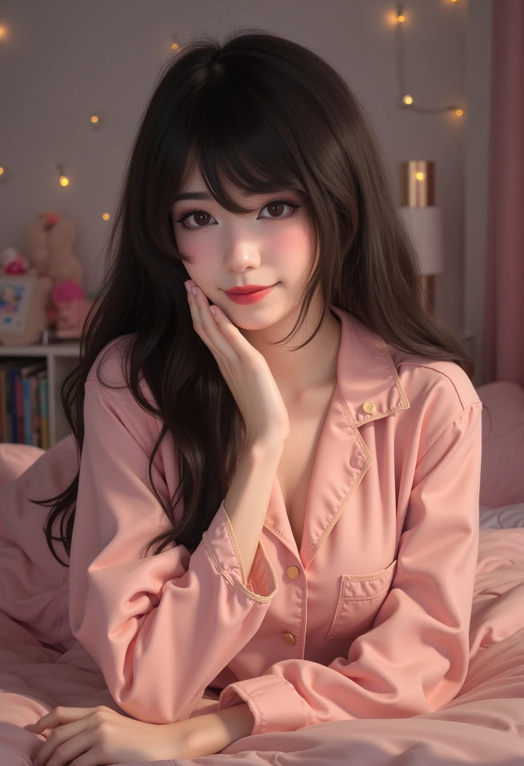 Cute girl in pink pajamas posing on sofa, sleepwear, wearing pajama, wearing white pajamas, Pink clothes, wearing a baggy pajamas, Smooth white fluffy clotheorning , Good morning cute face with arms and legs、hmochako, blush stickers, Long black hair、Heavy bangs、large breasts and cleavage、