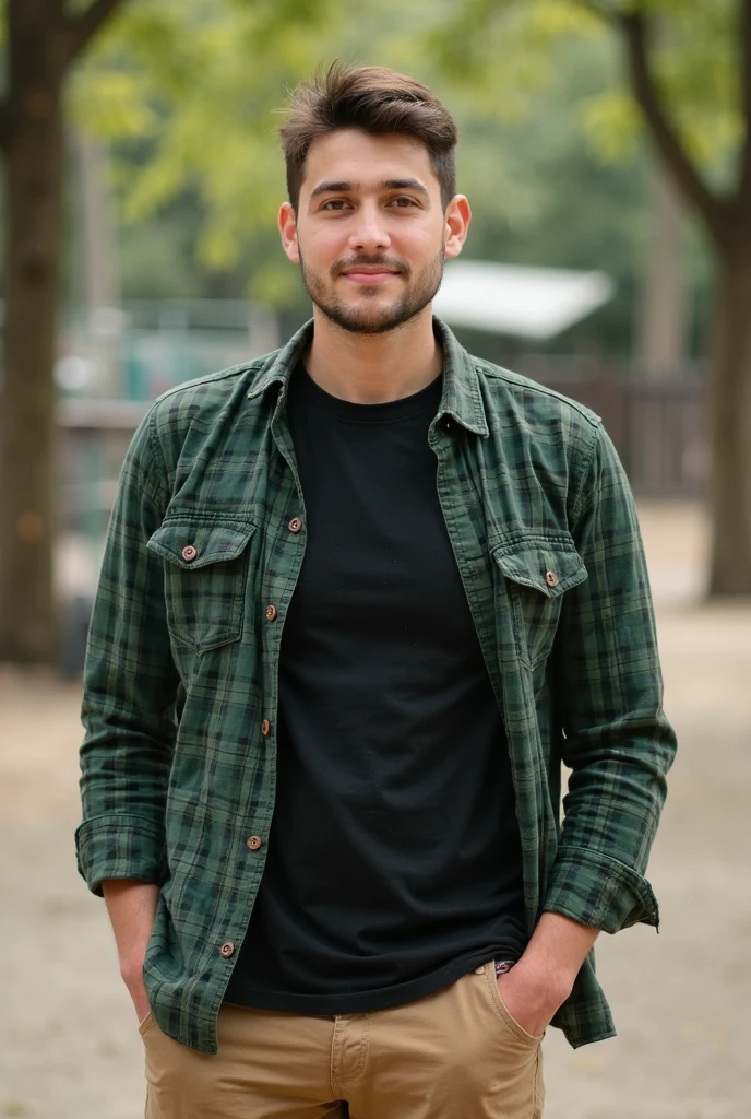 Male stubble beard brown handsome green eyes thin middle curly hair classy dressed casual badass skinny in black clothes smiling UK