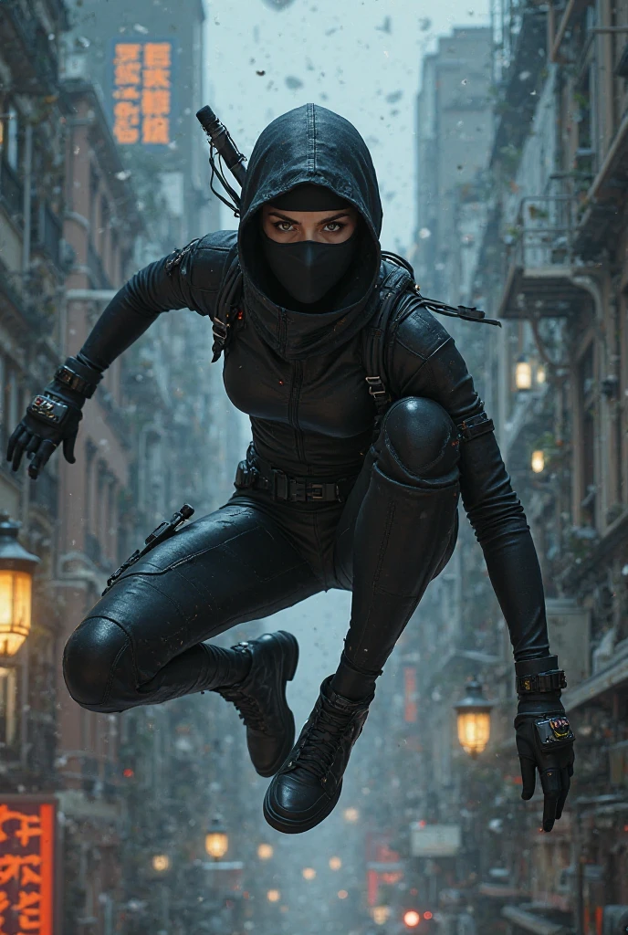 Female spider girl wearing black hoddie gloves and mask ad shooting web on her enemies 