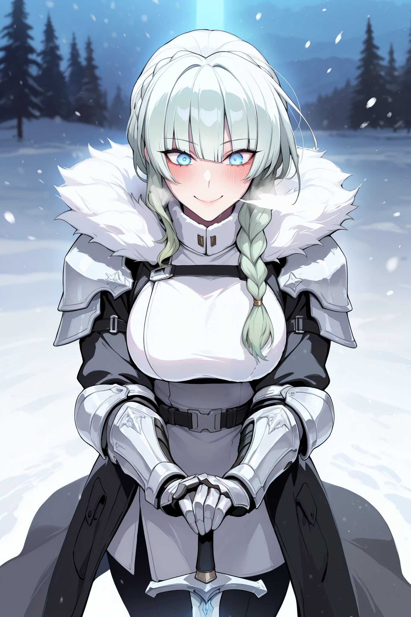 absurdres, (((Ultra HD))), (((Ultra High Quality))), ((hyper detailed)), ((Ultra High Resolution)), (Highly rendered), ((detailed eyes)), (((8K))), ((perfect face)), ((masterpiece)), cinematic, darkened, solo, 1girl, tall, green hair, braided ponytail, smile, blush, blunt bangs, blue eyes, medium breasts, tactical clothes, black trench coat, fur collar, shoulder armor, gauntlets, sword, holding sword, snow, Arctic region, nighttime, moonlight, snowing, heavy snow, blizzard, frost over clothes, cold breath