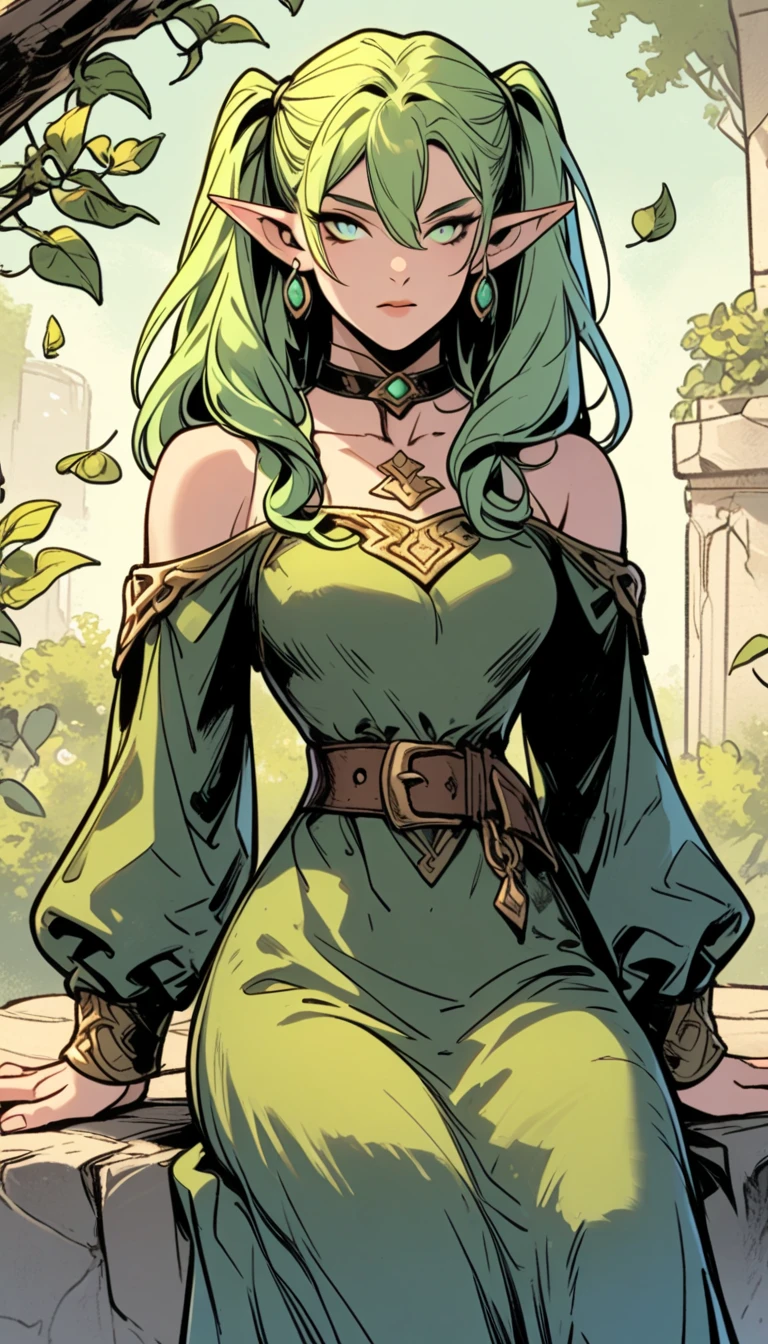 highres, masterpiece, huge breasts, thick thighs, wide hips, green robe, purple waist sash, blue eyes, long hair, crown, purple hair, castle in background, long dress, cleavage, (cape), full body, archer queen, forest